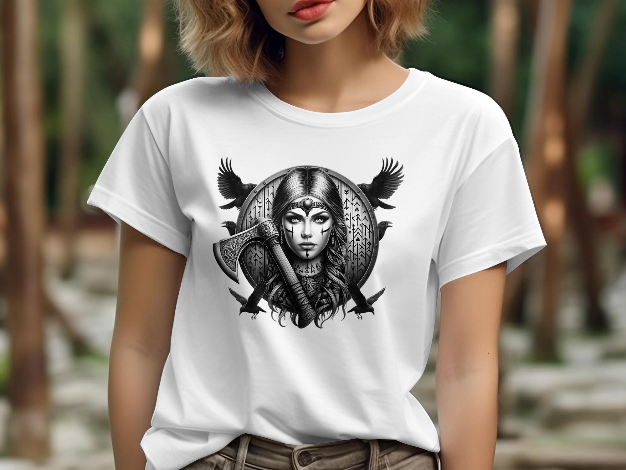 Viking Shield Maiden - Coloured Gildan T Shirt Realistic Norse Talisman Men Women Unisex Valhalla Tee Graphic Design