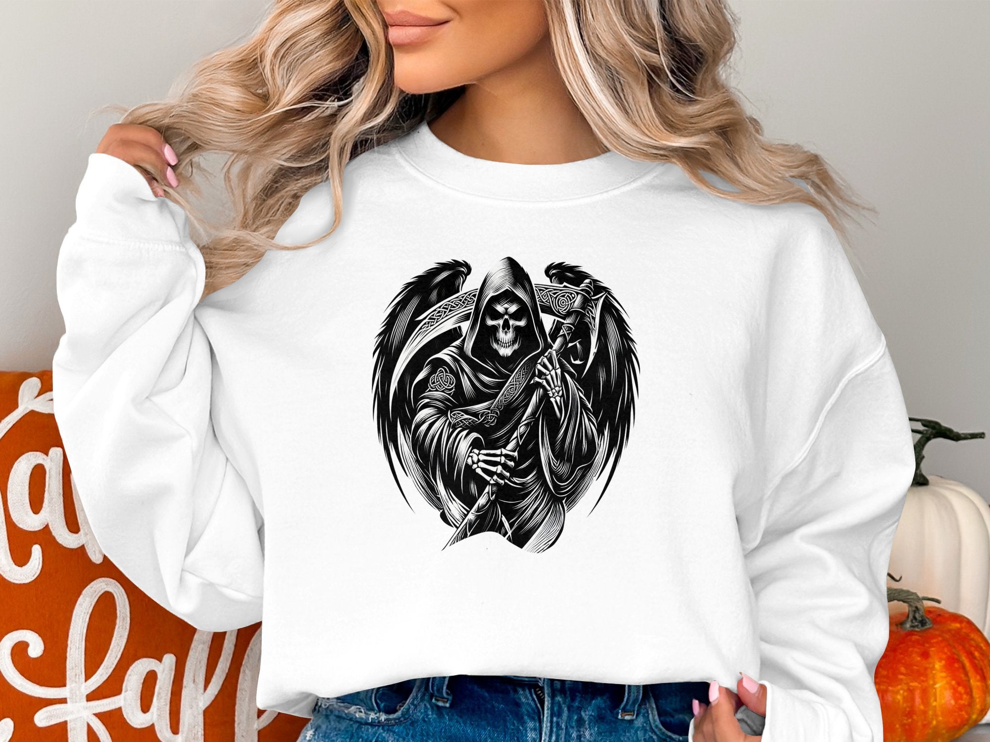 Grim Reaper - Black White Gildan Sweatshirt Commemorative Talisman Unisex Tee Graphic Design