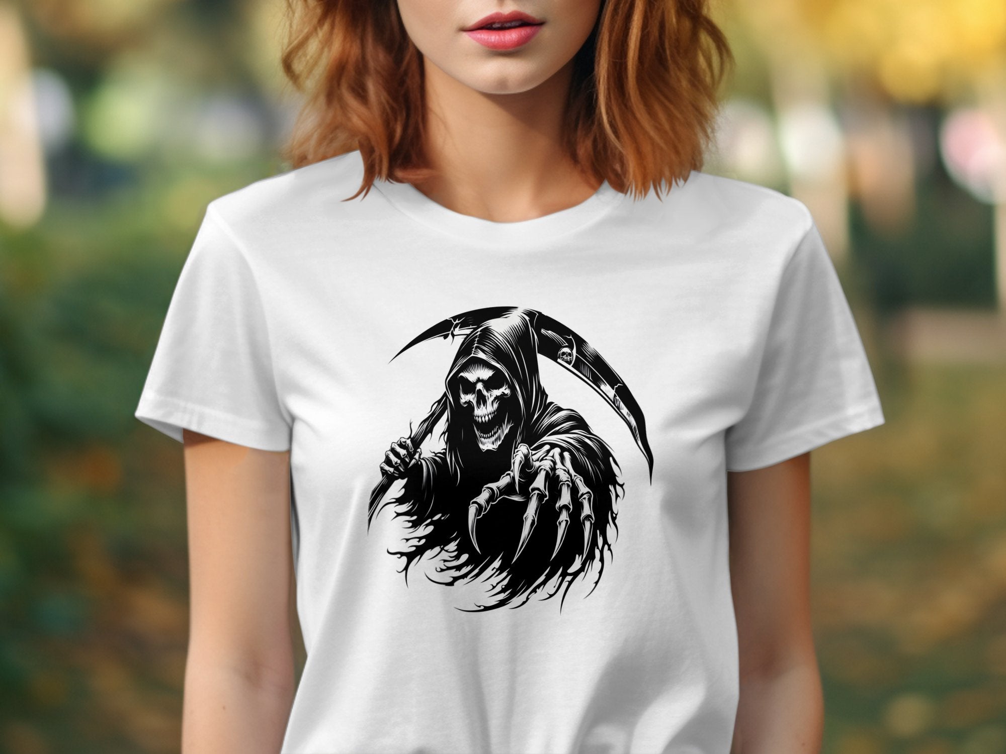 Grim Reaper - Black White Gildan T-Shirt Commemorative Talisman Unisex Tee Graphic Design