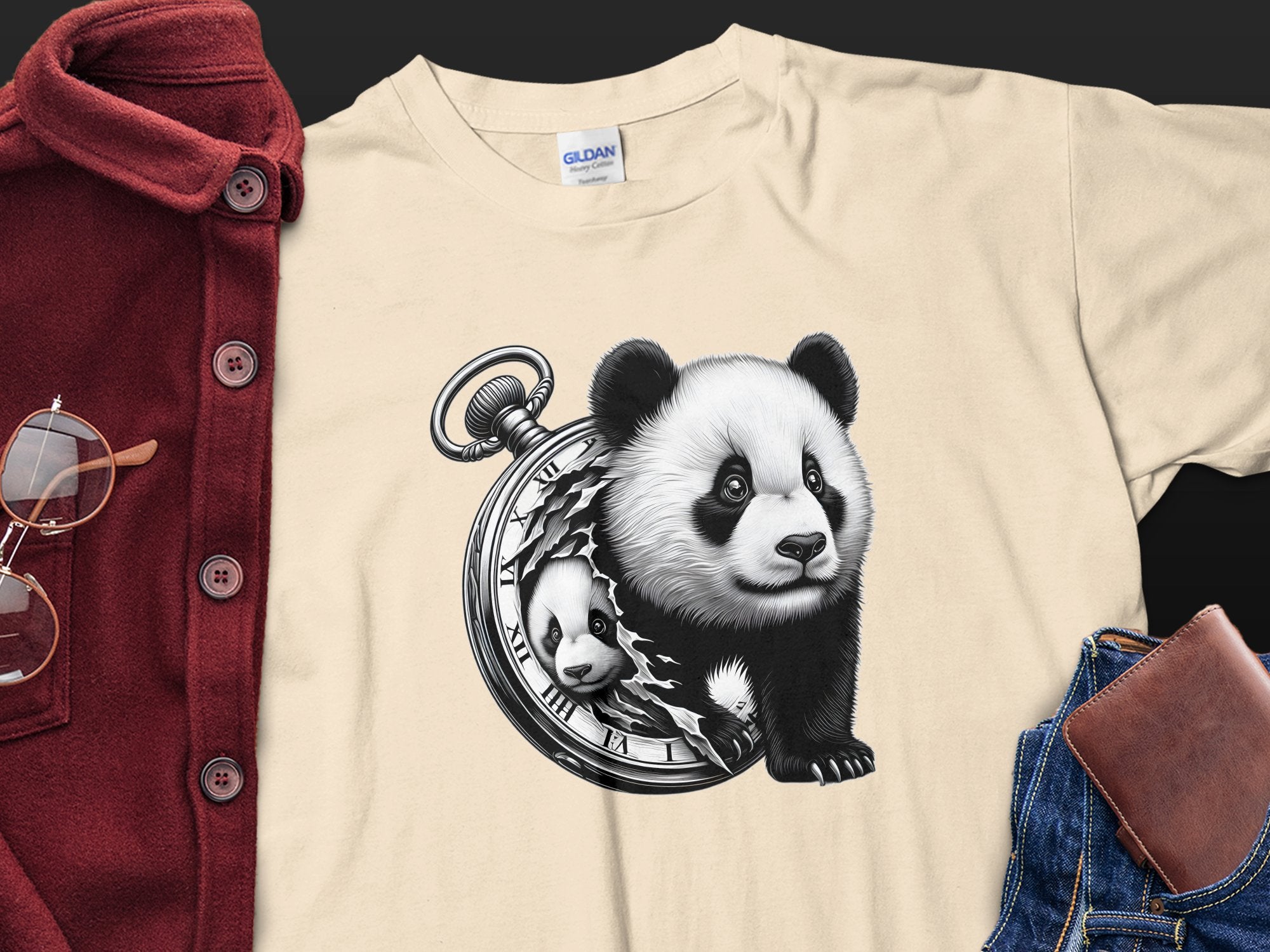 Panda - Coloured Gildan T-Shirt Realistic Animal Talisman Unisex Cute Tee Graphic Design