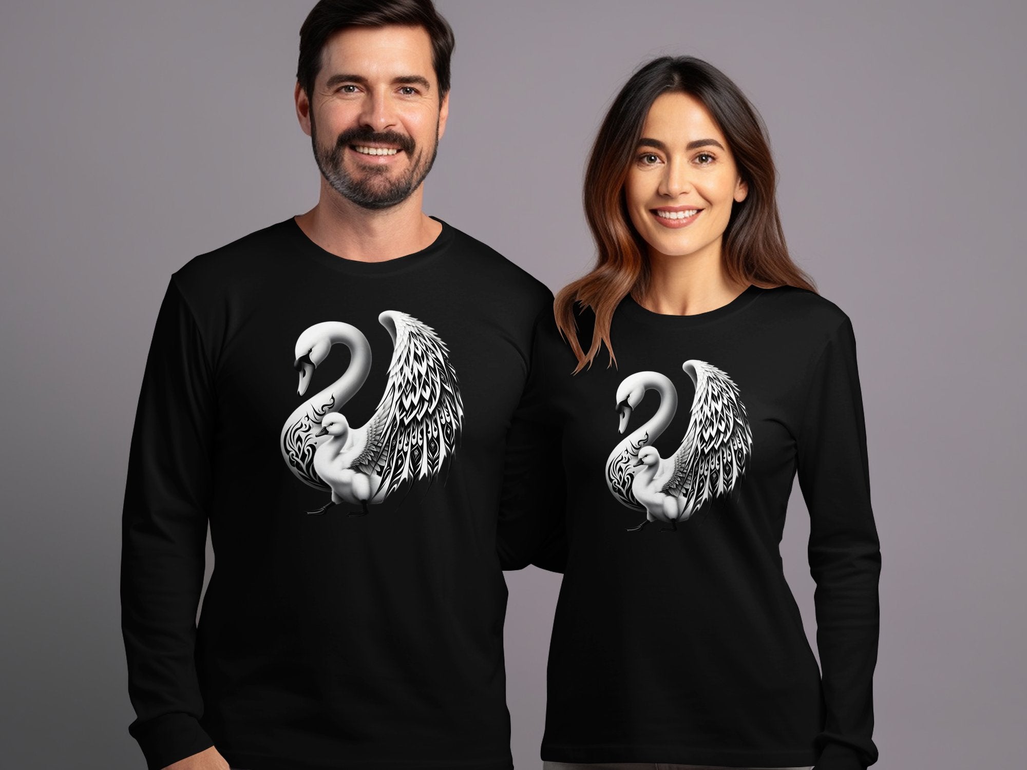 Swan & Cygnet- Black White Gildan Long Sleeve Realistic Family Talisman Unisex Tee Graphic Design