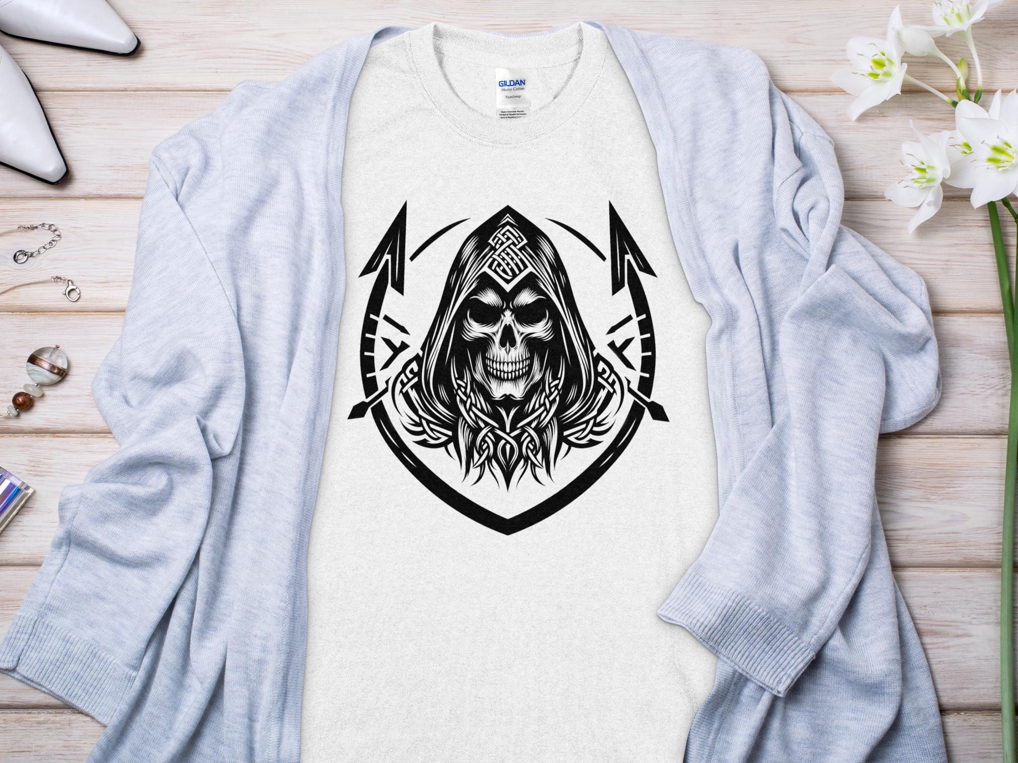 Grim Reaper - Black White Gildan T-Shirt Commemorative Talisman Unisex Tee Graphic Design