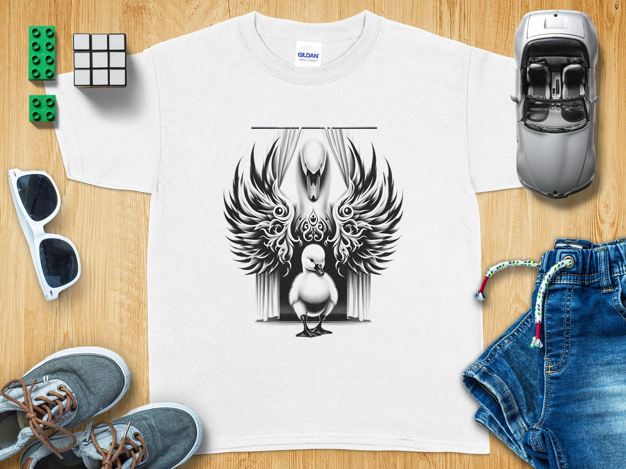 Swan & Cygnet- Black White Gildan Kids T-Shirt Realistic Family Talisman Unisex Tee Graphic Design