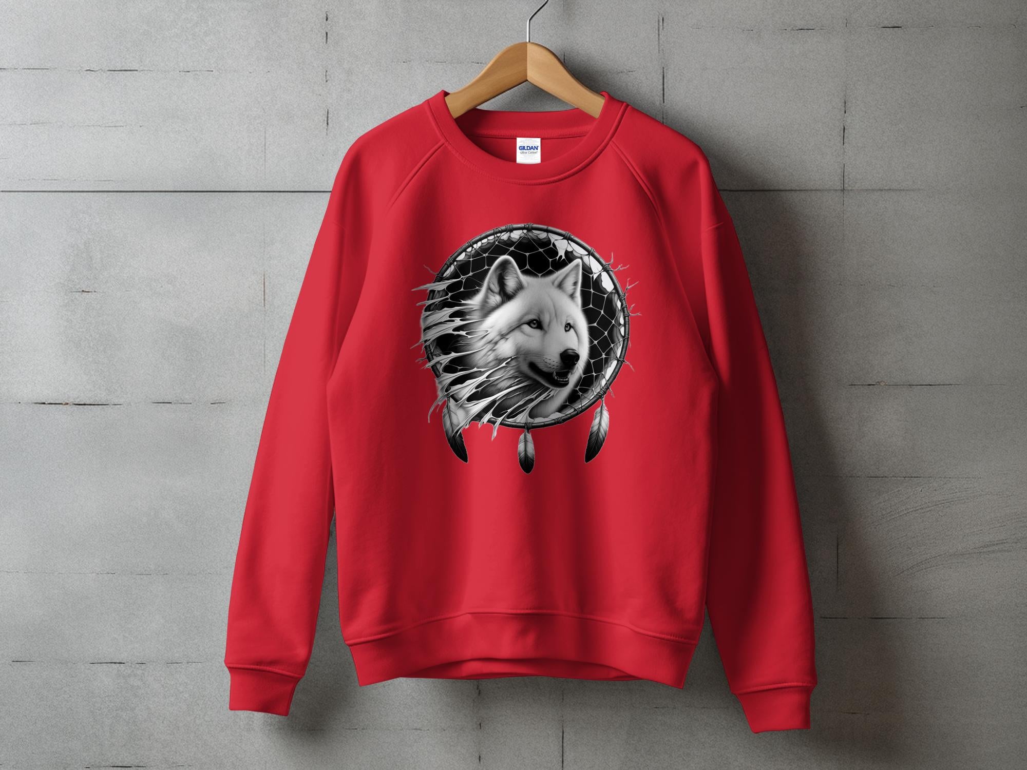 Dreamcatcher Wolf - Coloured Gildan Sweatshirt Realistic Native American Talisman Unisex Mythology Tee Graphic Design