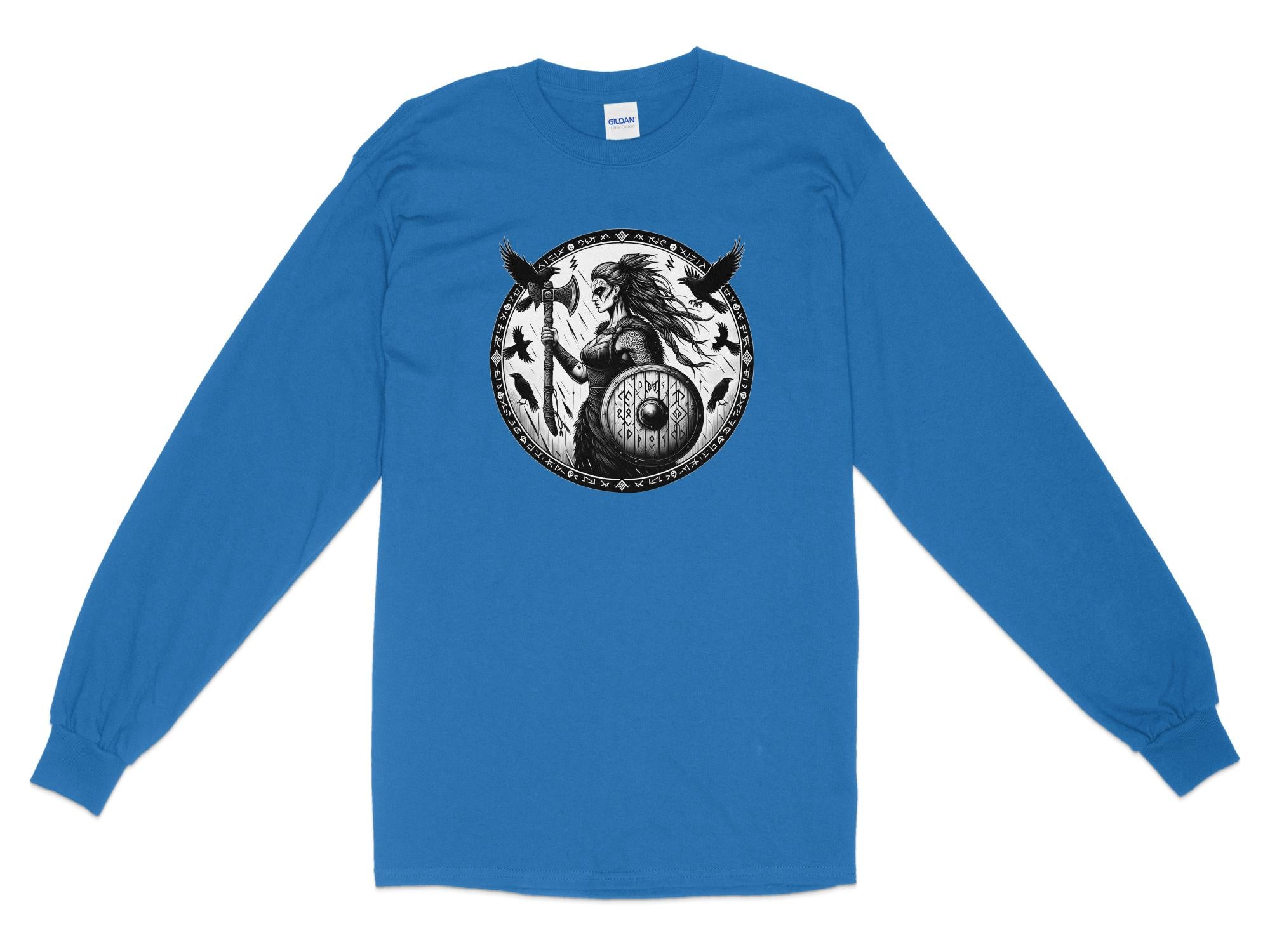 Viking Shield Maiden - Coloured Gildan Long Sleeve Realistic Norse Talisman Men Women Unisex Valhalla Tee Graphic Design