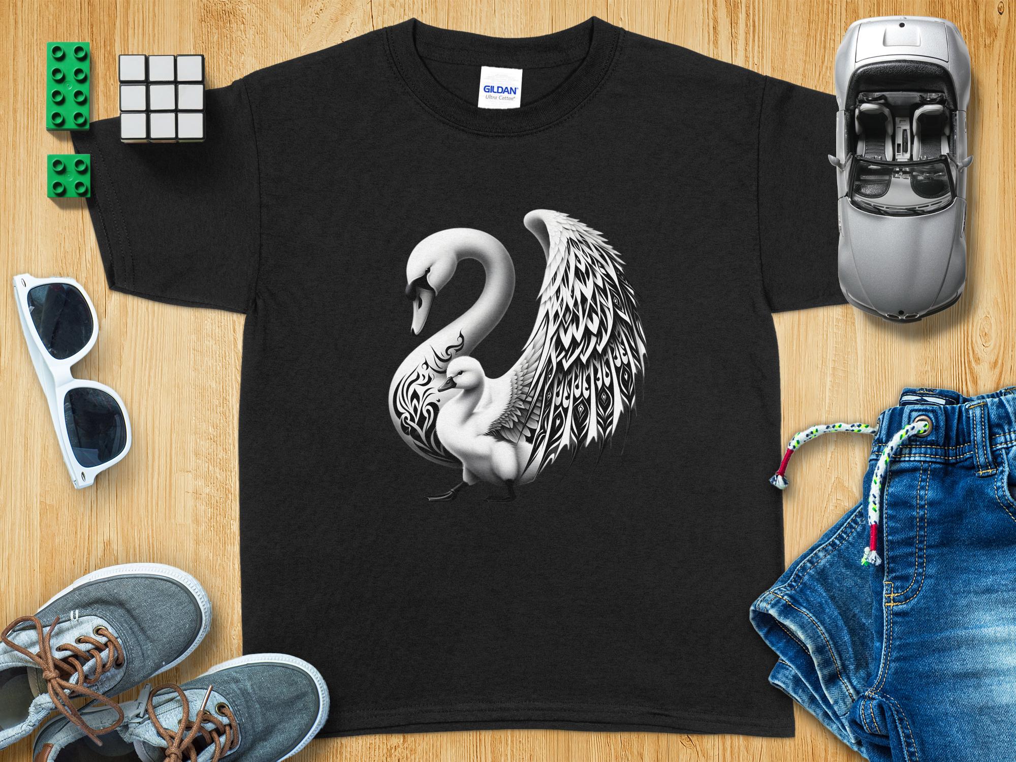 Swan & Cygnet- Black White Gildan Kids T-Shirt Realistic Family Talisman Unisex Tee Graphic Design