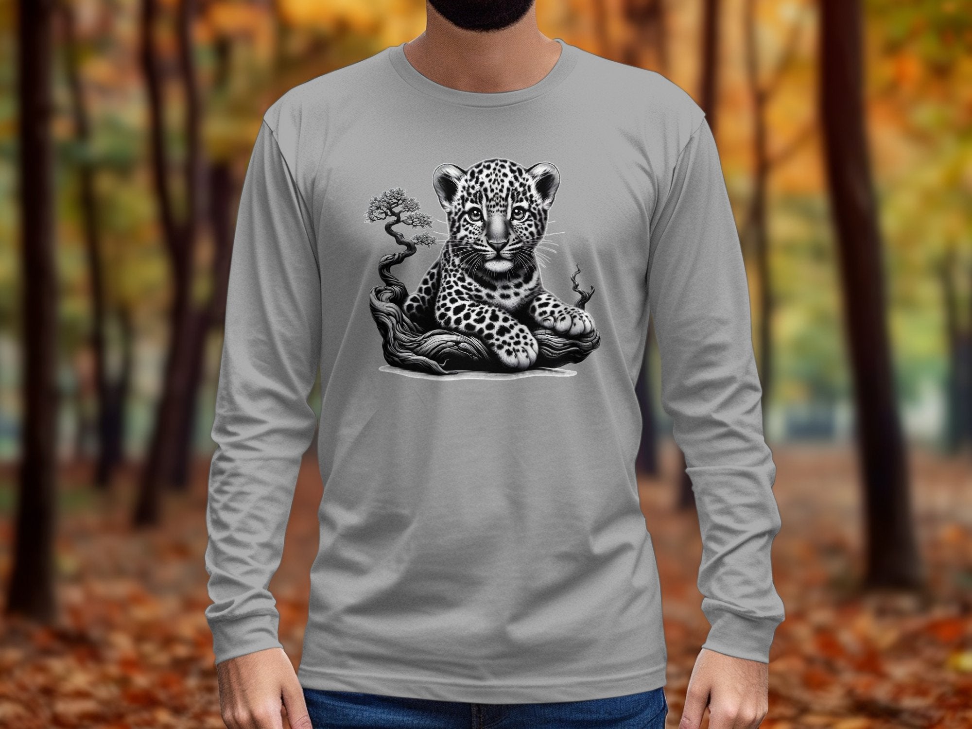 Leopard Bonsai - Coloured Gildan Long Sleeve Realistic Animal Talisman Unisex Cute Tee Graphic Design