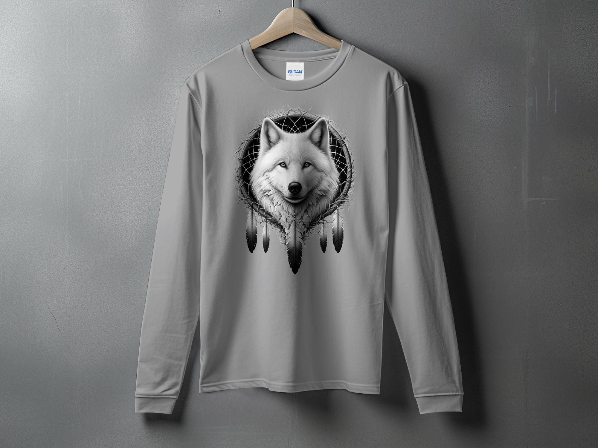 Dreamcatcher Wolf - Coloured Gildan Long Sleeve Realistic Native American Talisman Unisex Mythology Tee Graphic Design