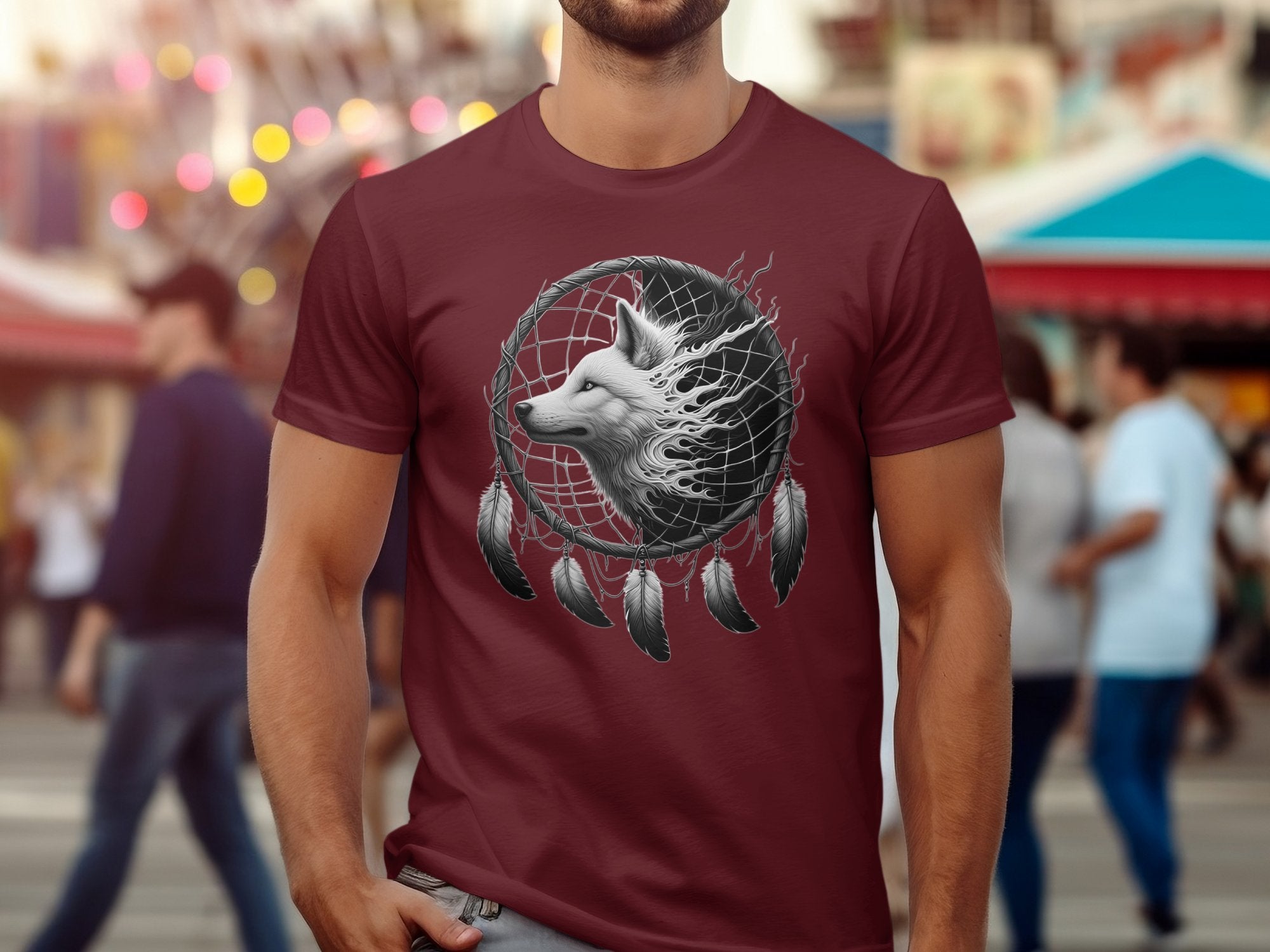 Dreamcatcher Wolf - Coloured Gildan T-Shirt Realistic Native American Talisman Unisex Mythology Tee Graphic Design