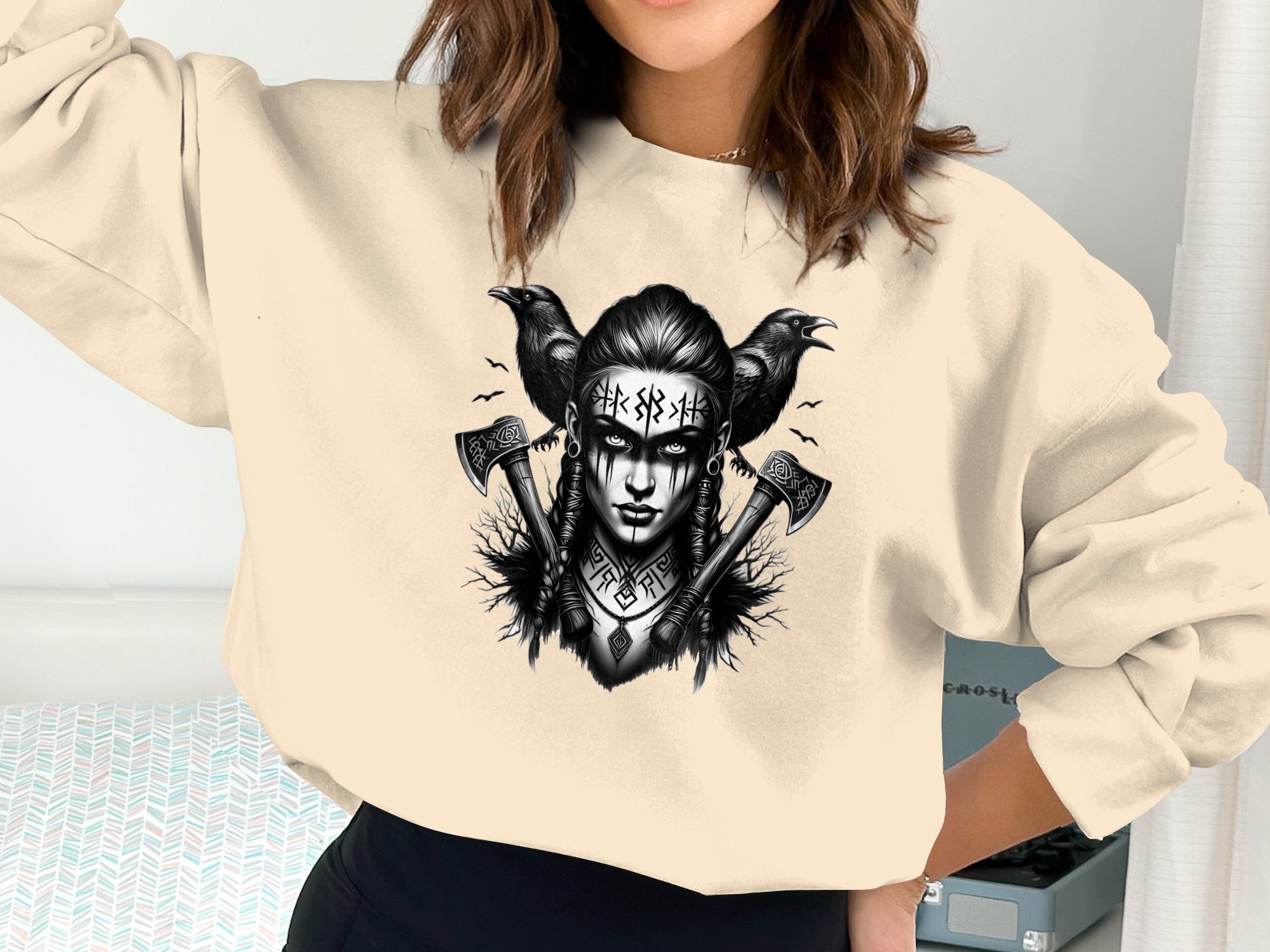 Viking Shield Maiden - Coloured Gildan Sweatshirt Realistic Norse Talisman Men Women Unisex Valhalla Tee Graphic Design