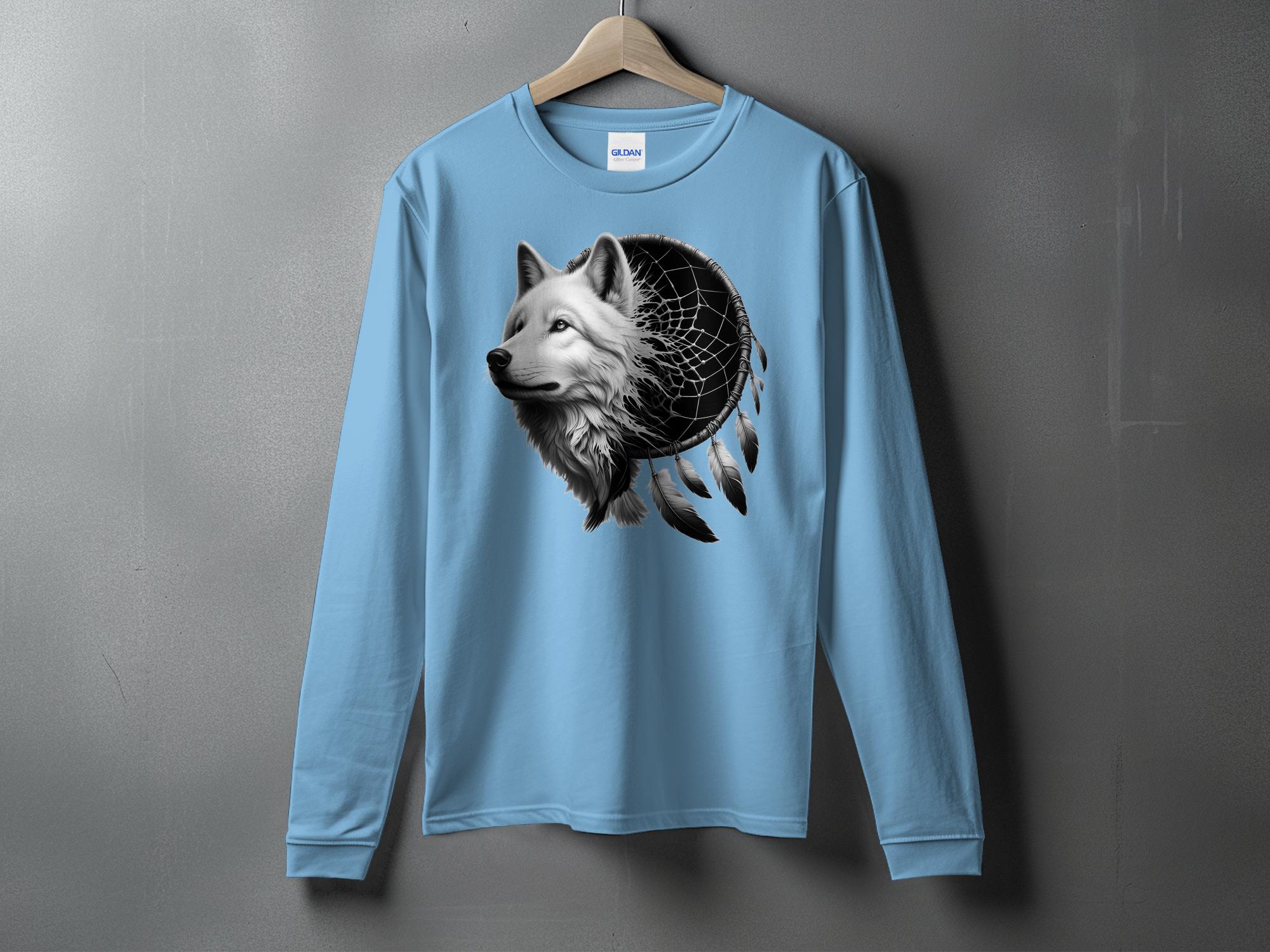 Dreamcatcher Wolf - Coloured Gildan Long Sleeve Realistic Native American Talisman Unisex Mythology Tee Graphic Design