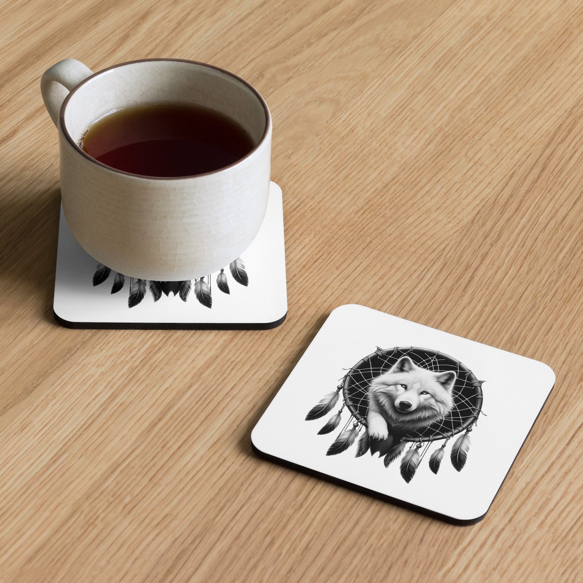 Dreamcatcher Wolf – Cork-Back Coaster Realistic Native American Talisman Mythology Graphic Design