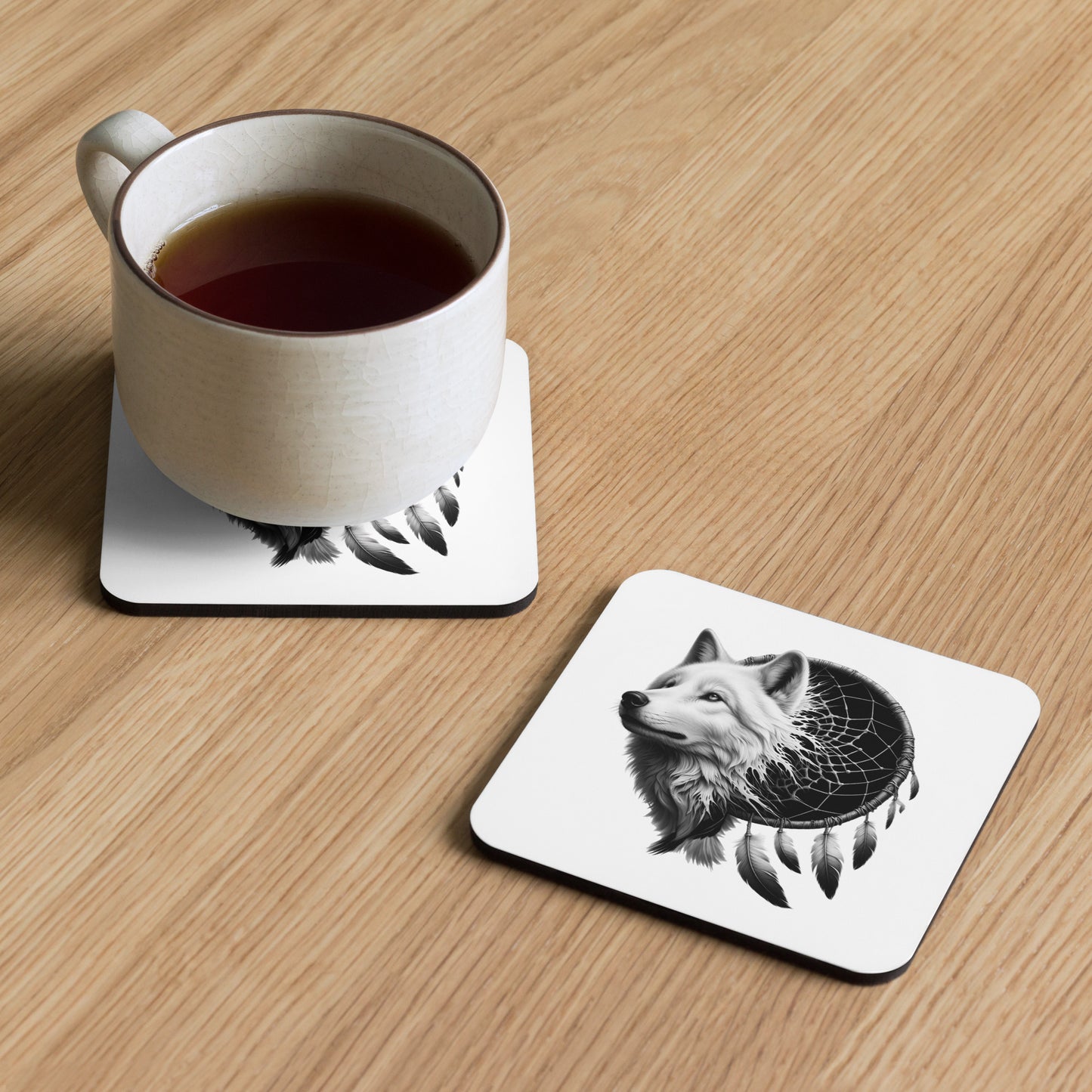 Dreamcatcher Wolf – Cork-Back Coaster Realistic Native American Talisman Mythology Graphic Design