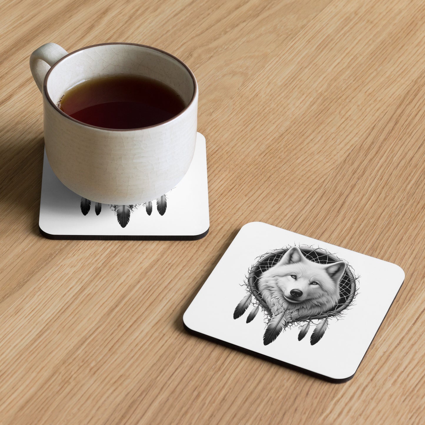 Dreamcatcher Wolf – Cork-Back Coaster Realistic Native American Talisman Mythology Graphic Design