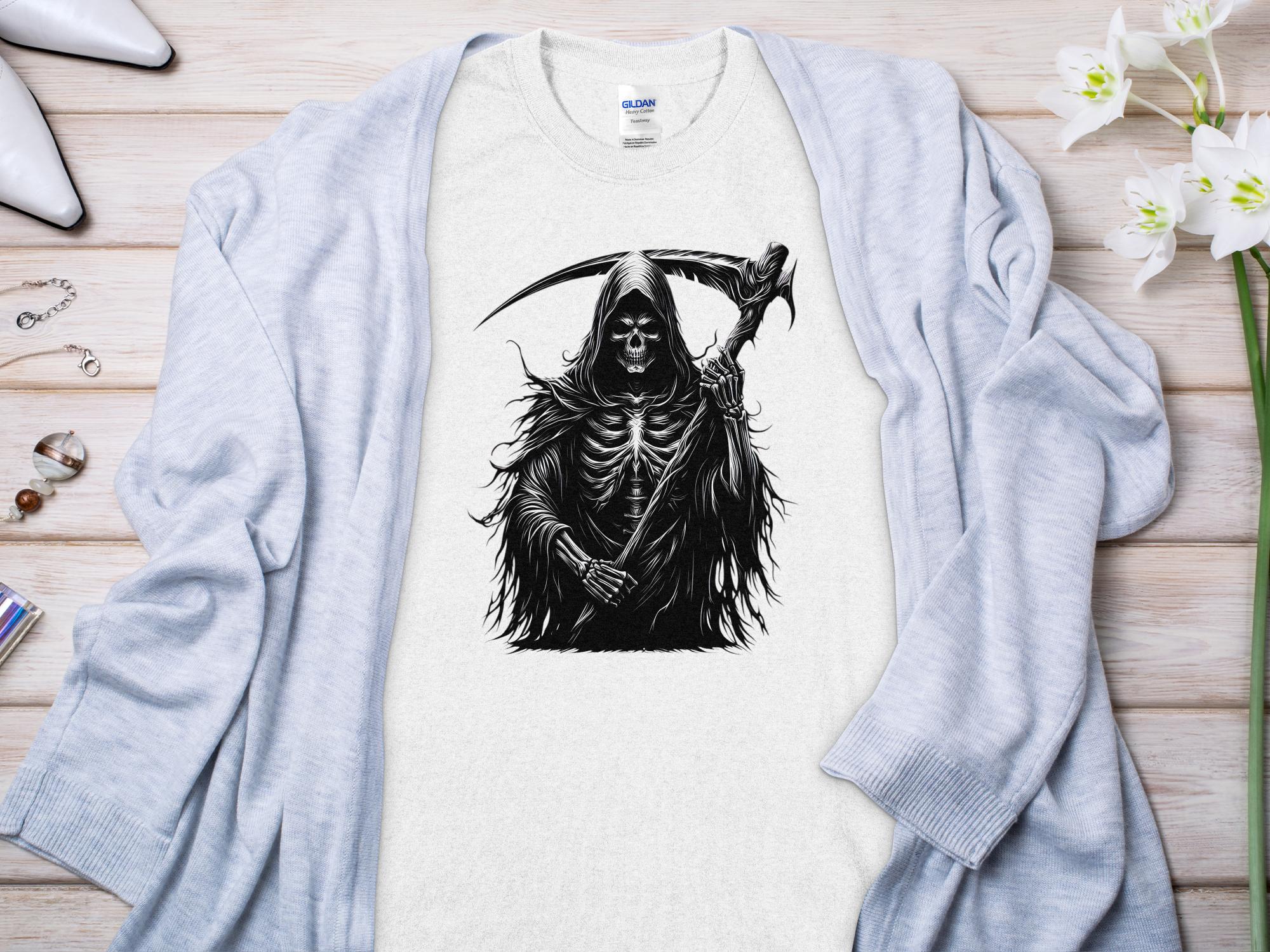 Grim Reaper - Black White Gildan T-Shirt Commemorative Talisman Unisex Tee Graphic Design