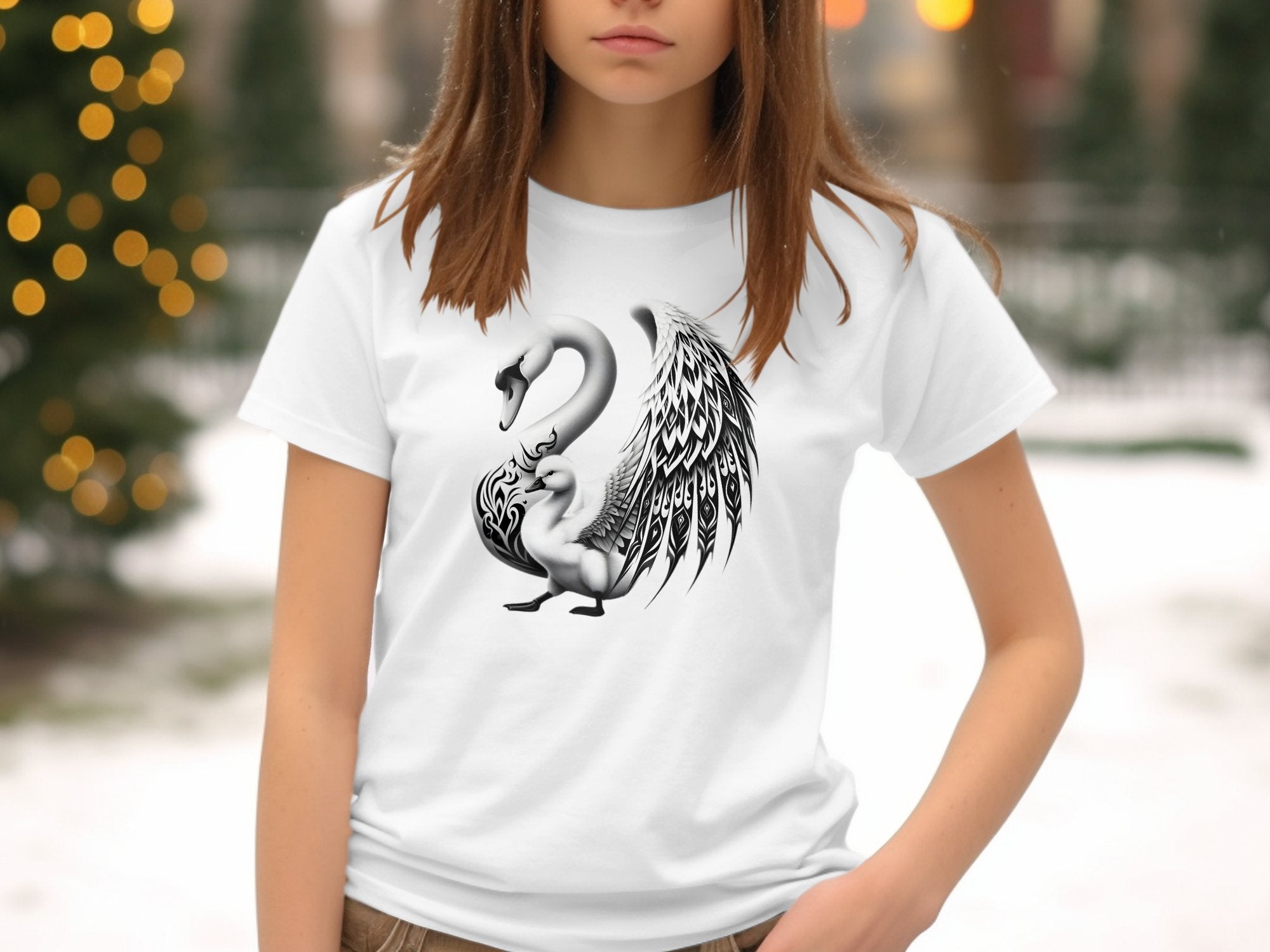 Swan & Cygnet- Black White Gildan Kids T-Shirt Realistic Family Talisman Unisex Tee Graphic Design