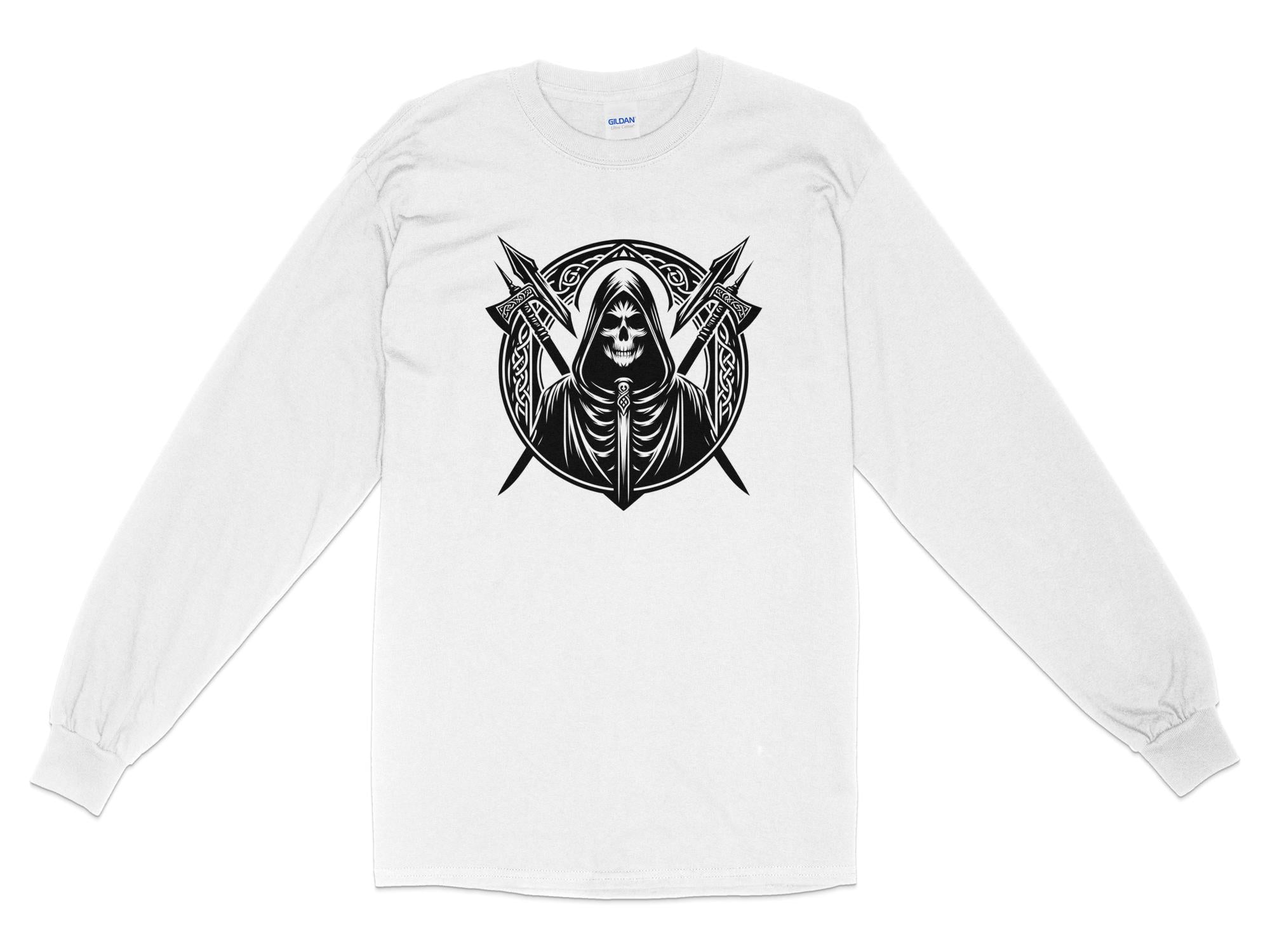 Grim Reaper - Black White Gildan Long Sleeve Commemorative Talisman Unisex Tee Graphic Design