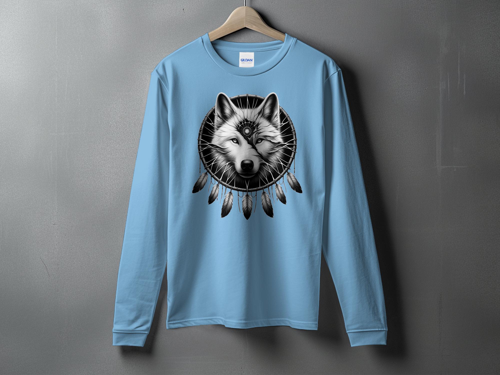 Dreamcatcher Wolf - Coloured Gildan Long Sleeve Realistic Native American Talisman Unisex Mythology Tee Graphic Design