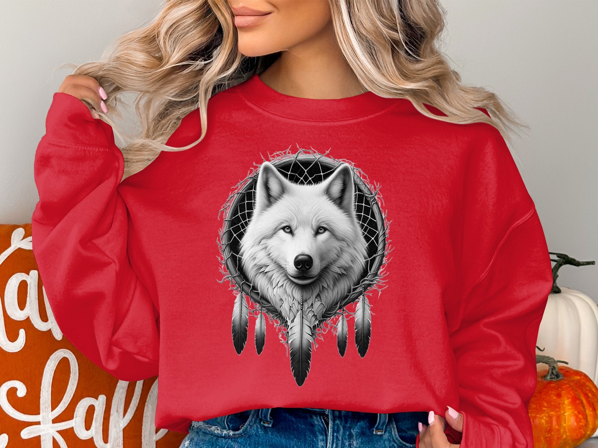 Dreamcatcher Wolf - Coloured Gildan Sweatshirt Realistic Native American Talisman Unisex Mythology Tee Graphic Design