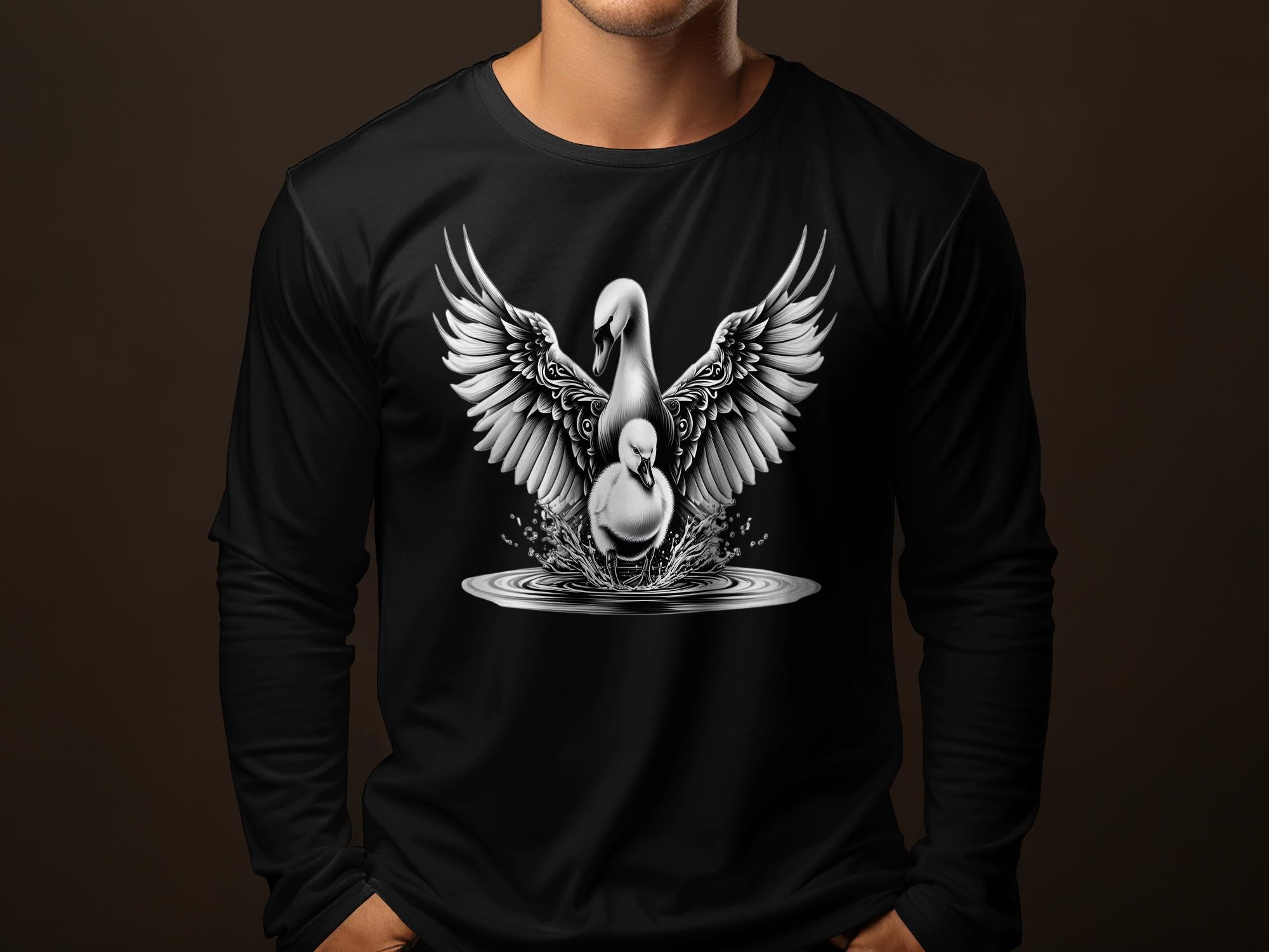 Swan & Cygnet- Black White Gildan Long Sleeve Realistic Family Talisman Unisex Tee Graphic Design