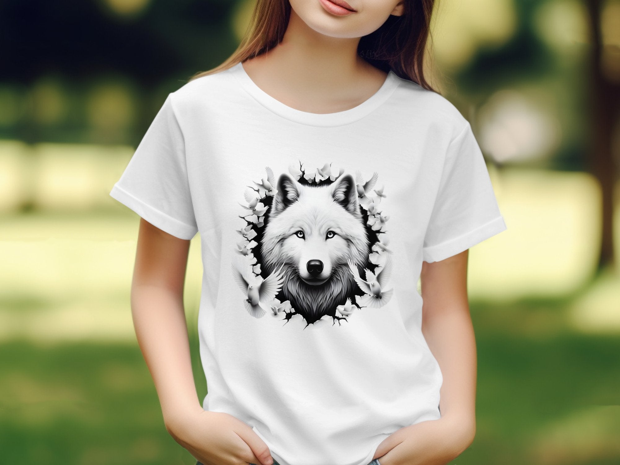 Wolf x Doves - Black White Gildan Kids T-Shirt Realistic Animal Talisman Unisex Tee Graphic Design