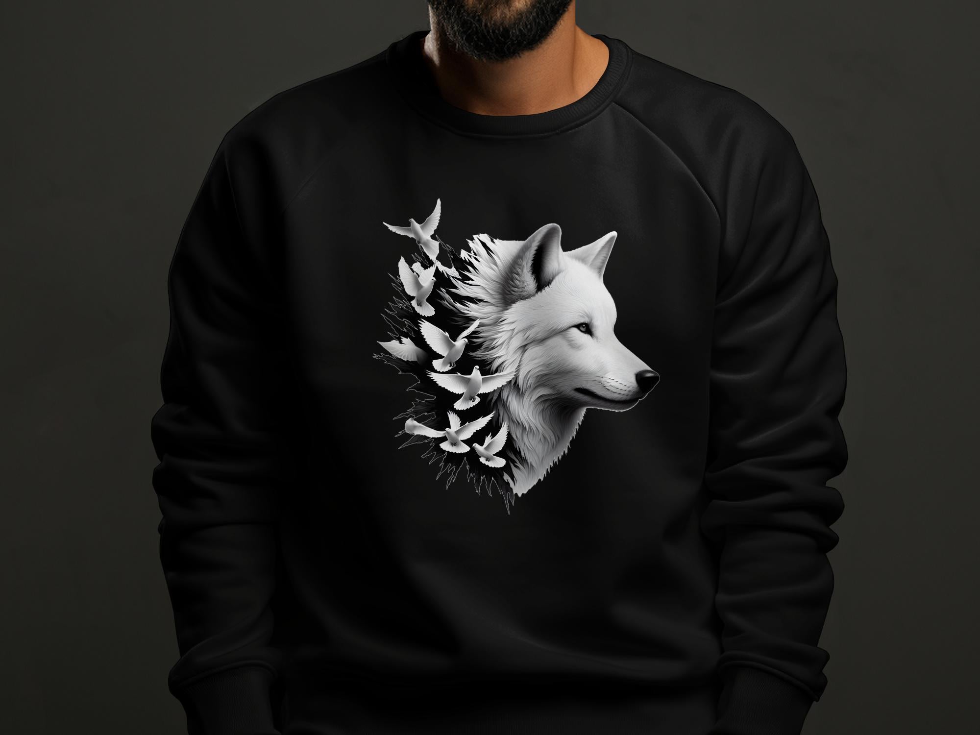 Wolf x Doves - Black White Gildan Sweatshirt Realistic Animal Talisman Unisex Tee Graphic Design