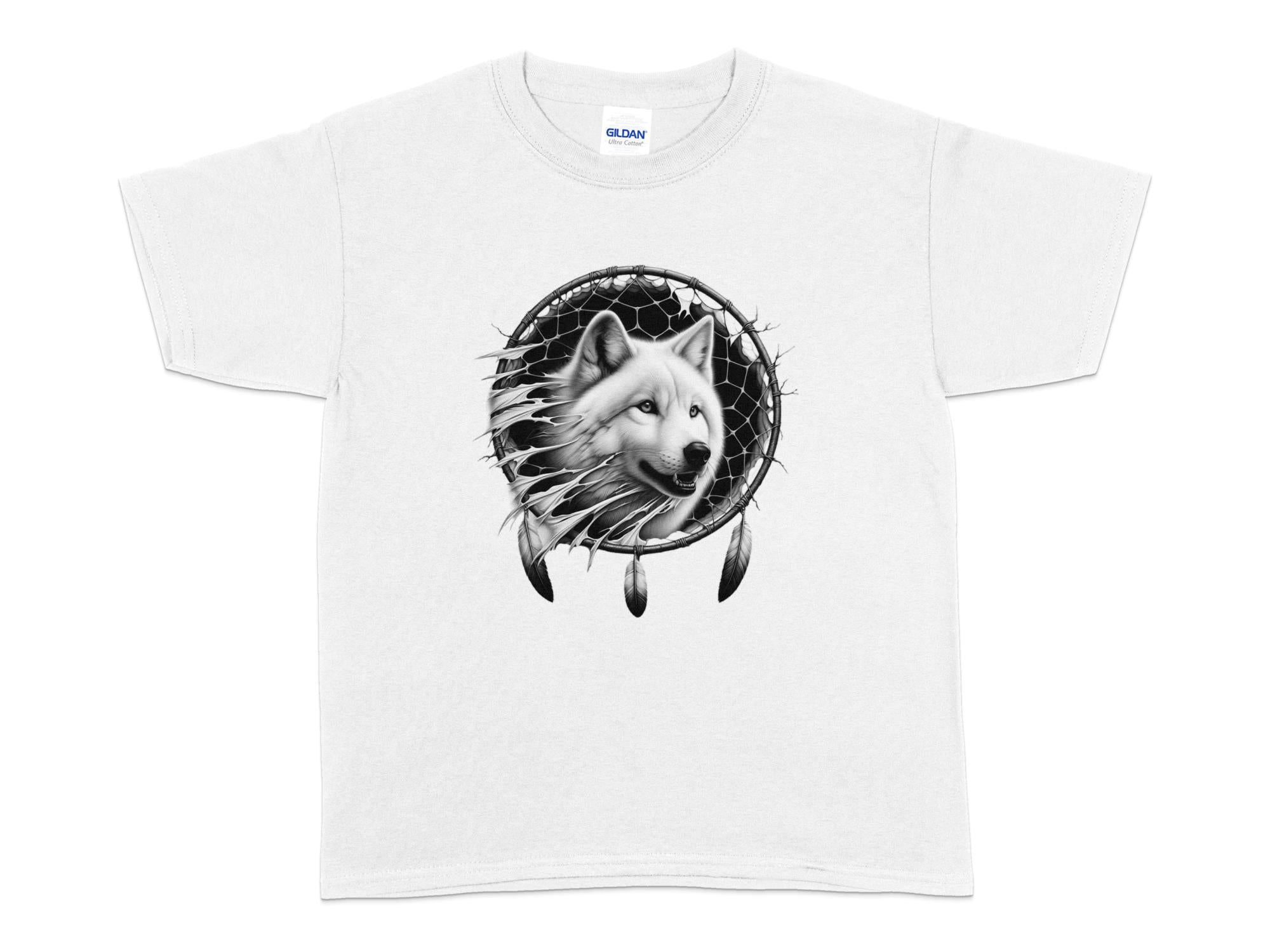 Dreamcatcher Wolf - Coloured Gildan Kids T-Shirt Realistic Native American Talisman Unisex Mythology Tee Graphic Design