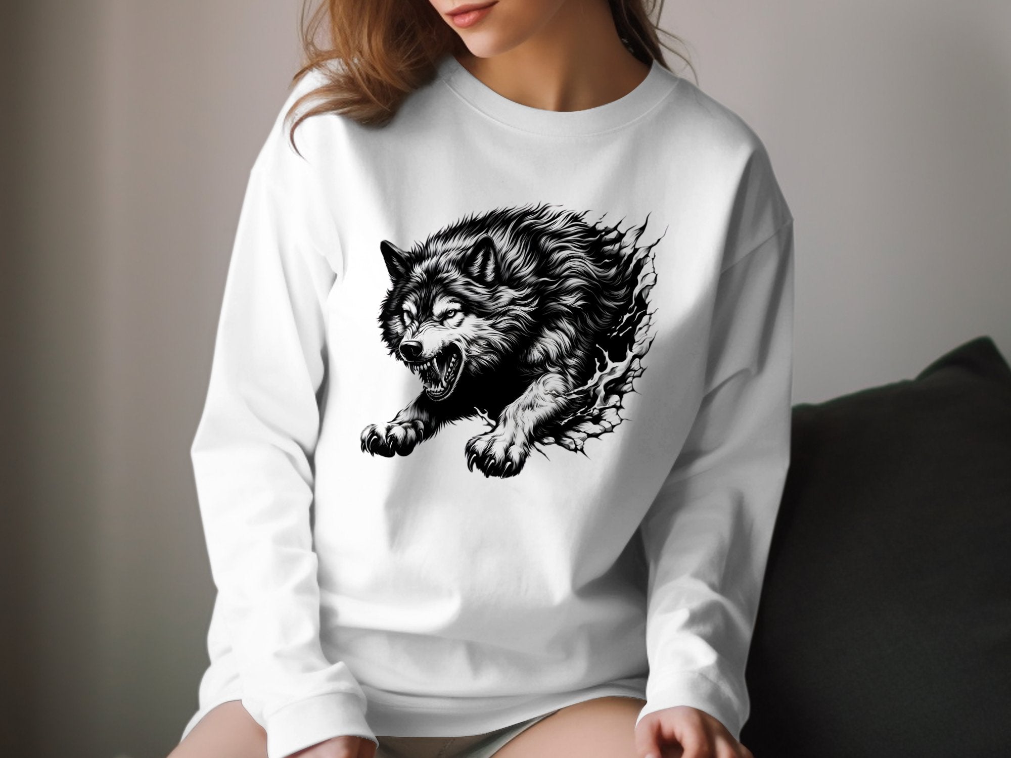 Wolf Tribal - Black White Gildan Long Sleeve Realistic Animal Talisman Unisex Tee Graphic Design