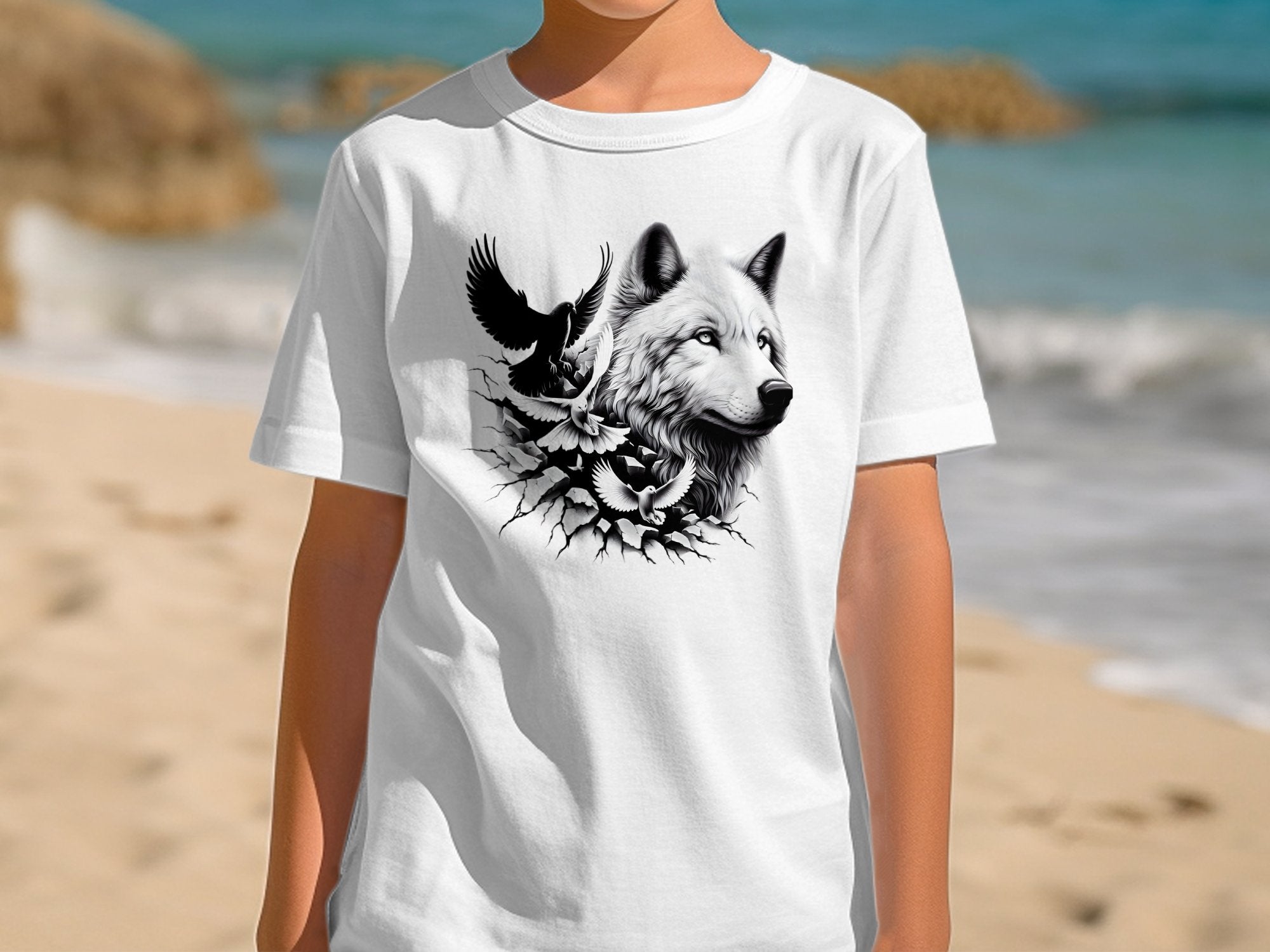 Wolf x Doves - Black White Gildan Kids T-Shirt Realistic Animal Talisman Unisex Tee Graphic Design