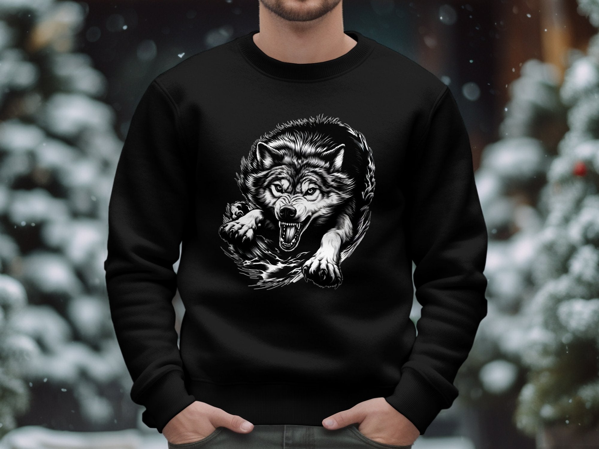 Wolf Tribal - Black White Gildan Sweatshirt Realistic Animal Talisman Unisex Tee Graphic Design