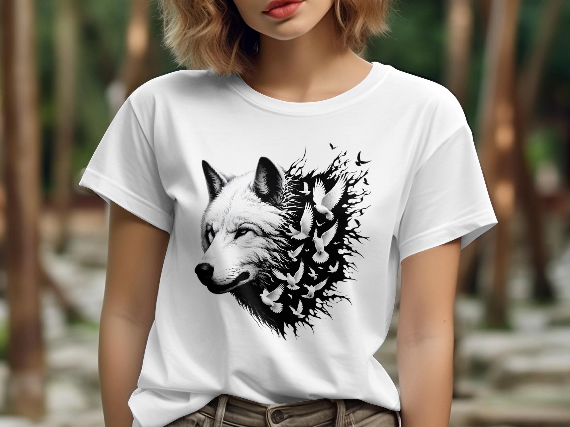 Wolf x Doves - Black White Gildan T-Shirt Realistic Animal Talisman Unisex Tee Graphic Design