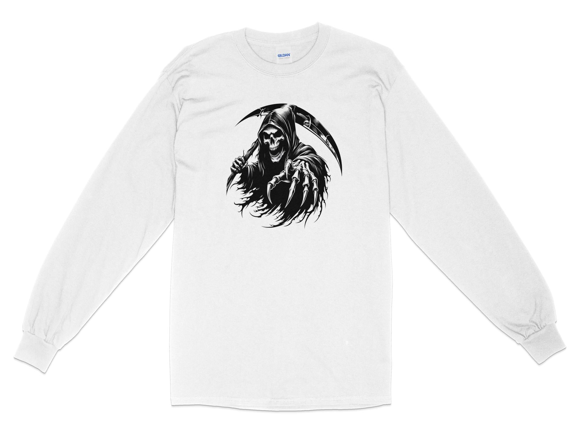 Grim Reaper - Black White Gildan Long Sleeve Commemorative Talisman Unisex Tee Graphic Design