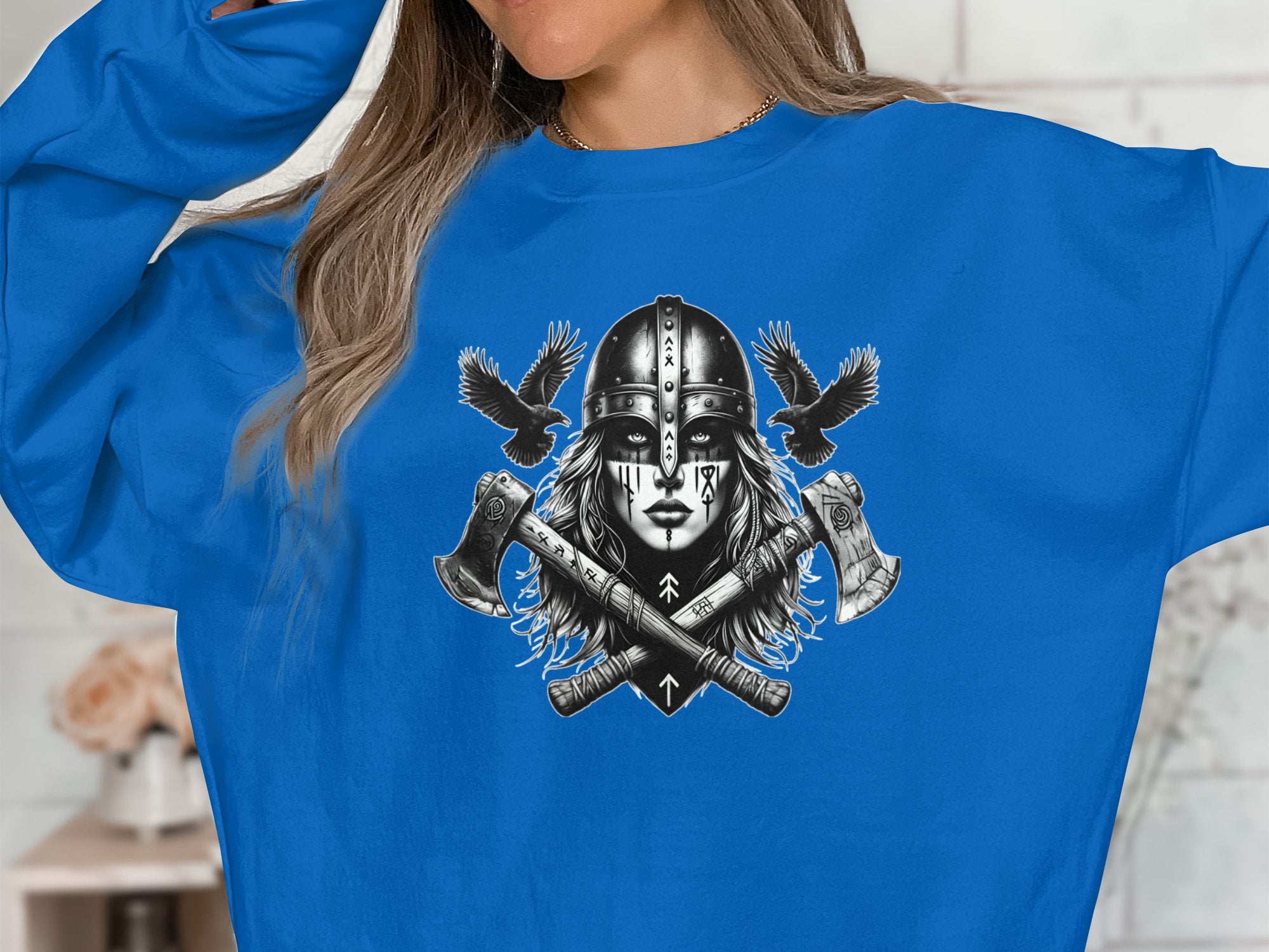 Viking Shield Maiden - Coloured Gildan Sweatshirt Realistic Norse Talisman Men Women Unisex Valhalla Tee Graphic Design