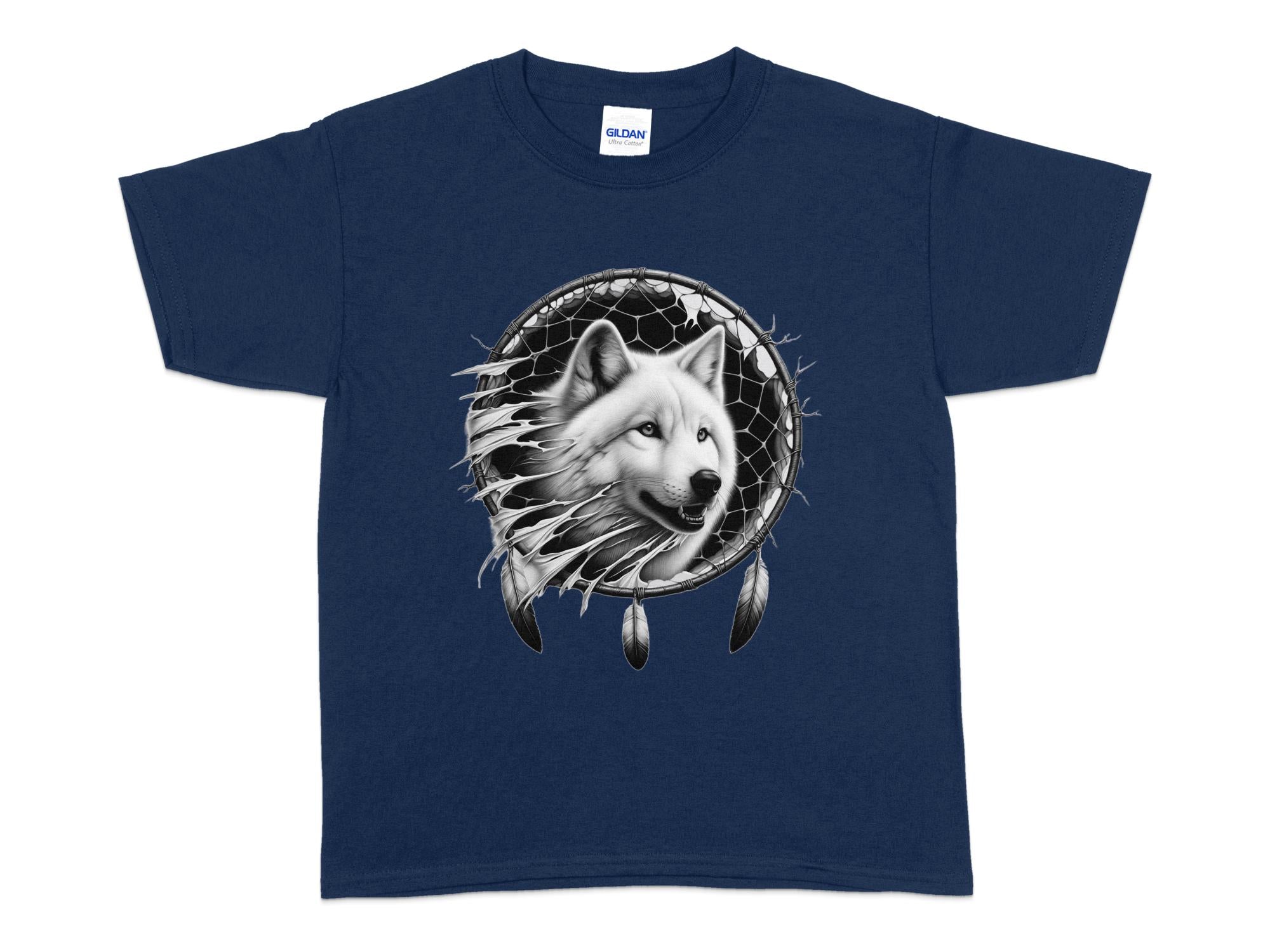 Dreamcatcher Wolf - Coloured Gildan Kids T-Shirt Realistic Native American Talisman Unisex Mythology Tee Graphic Design