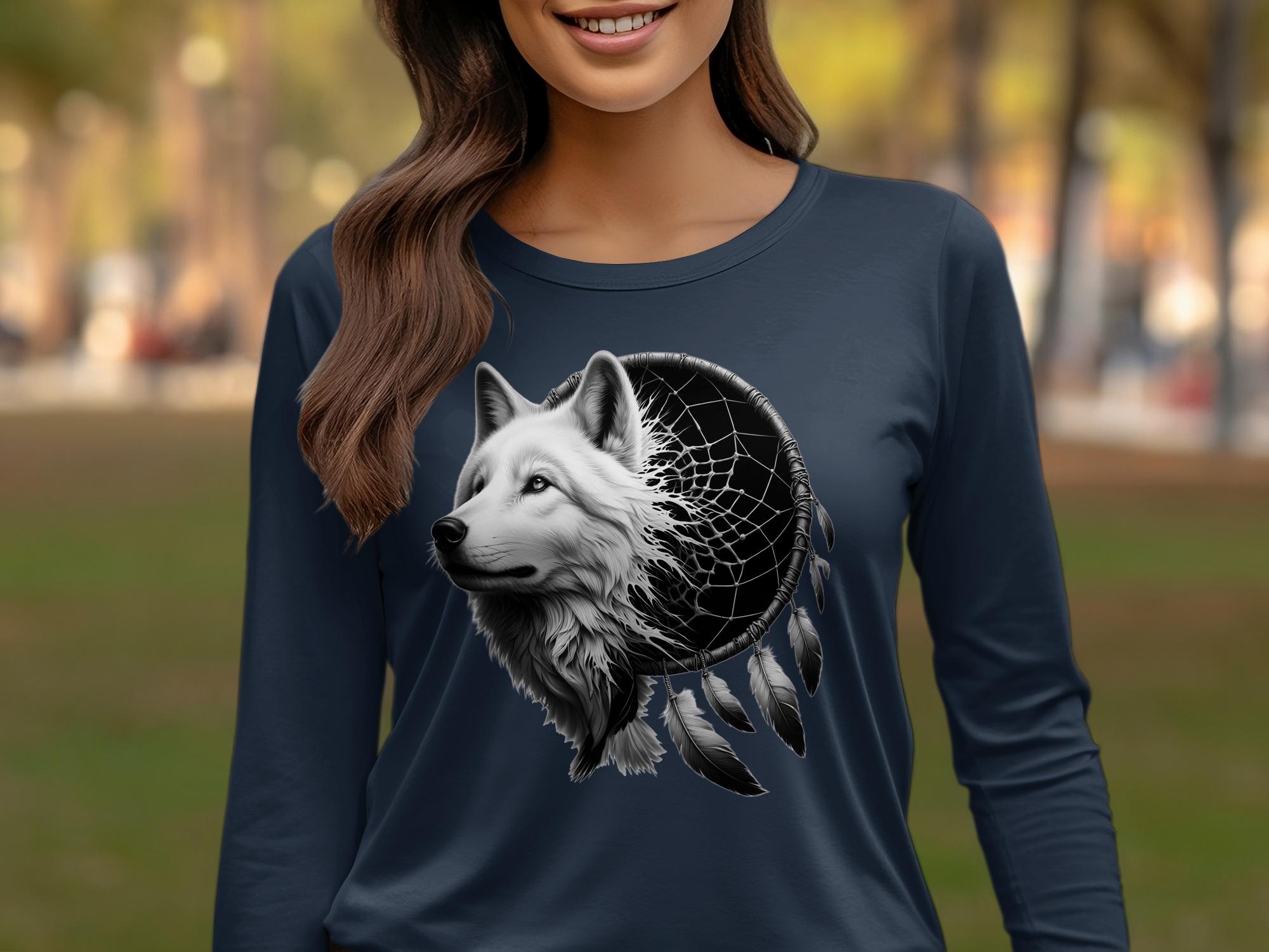 Dreamcatcher Wolf - Coloured Gildan Long Sleeve Realistic Native American Talisman Unisex Mythology Tee Graphic Design