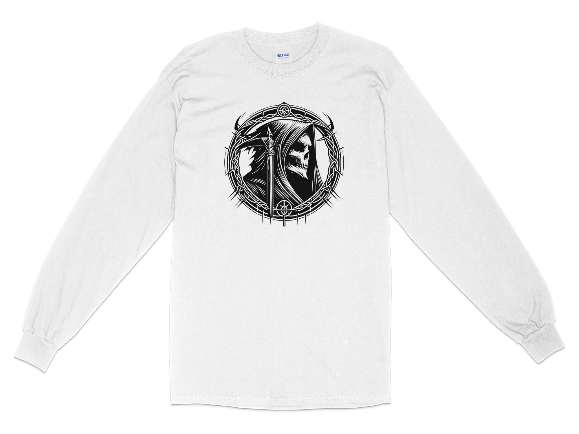 Grim Reaper - Black White Gildan Long Sleeve Commemorative Talisman Unisex Tee Graphic Design