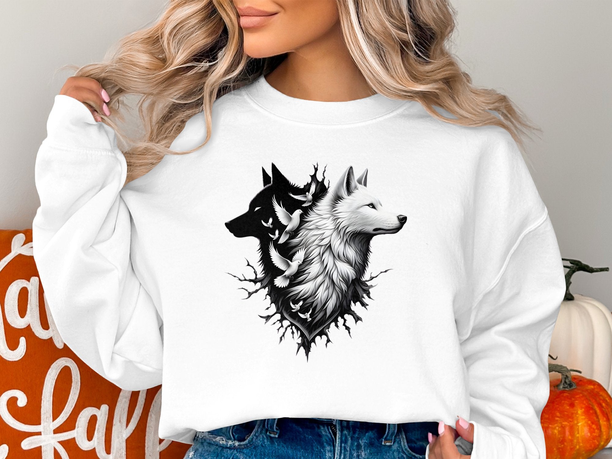 Wolf x Doves - Black White Gildan Sweatshirt Realistic Animal Talisman Unisex Tee Graphic Design