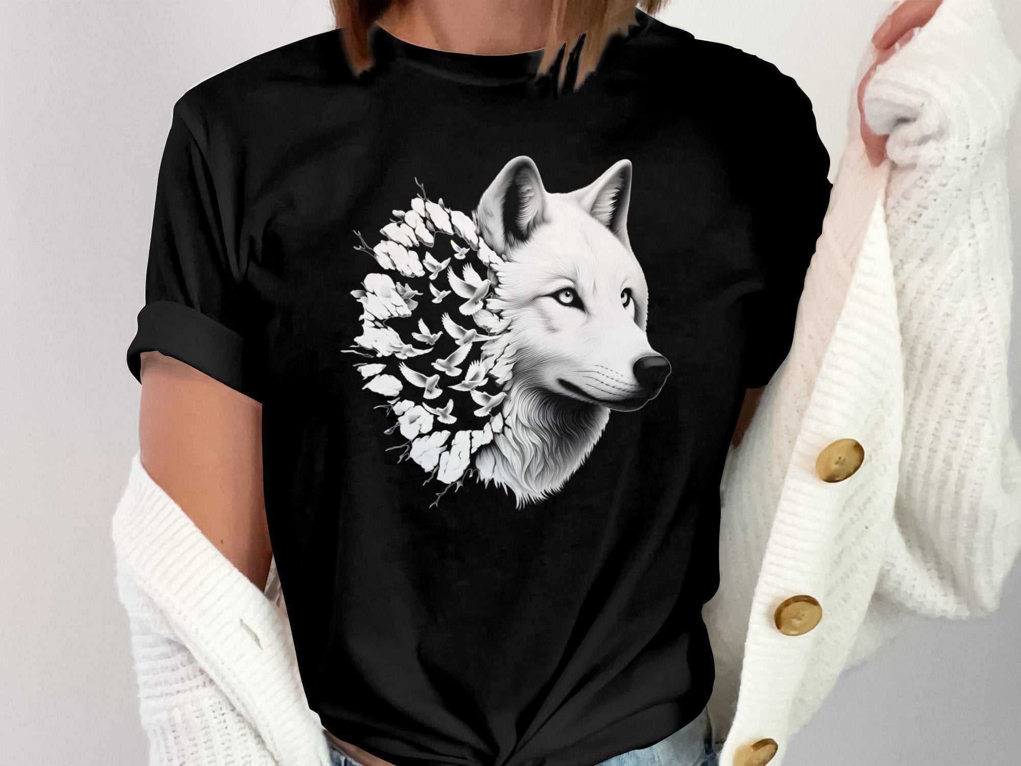 Wolf x Doves - Black White Gildan T-Shirt Realistic Animal Talisman Unisex Tee Graphic Design