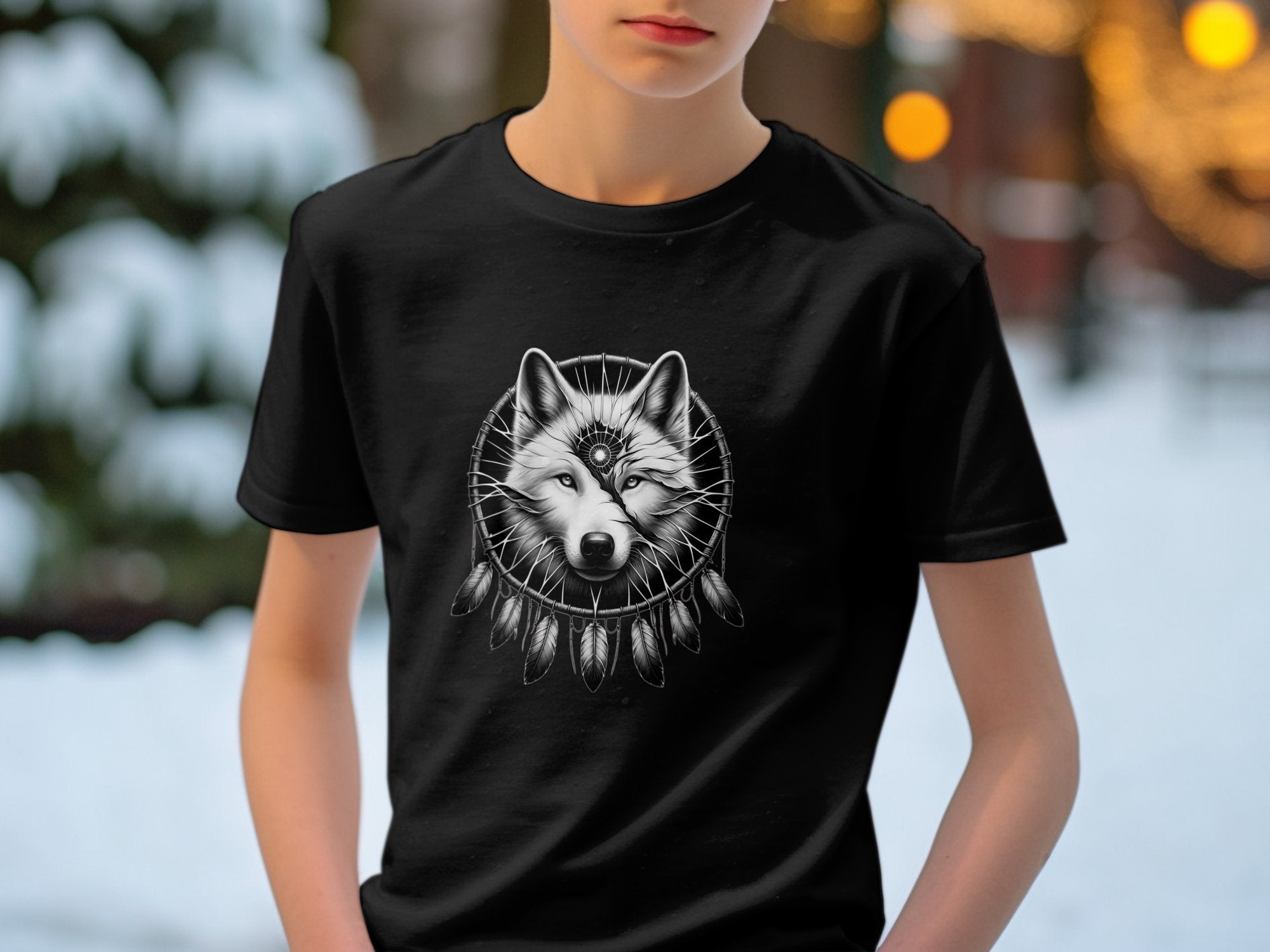 Dreamcatcher Wolf - Coloured Gildan Kids T-Shirt Realistic Native American Talisman Unisex Mythology Tee Graphic Design