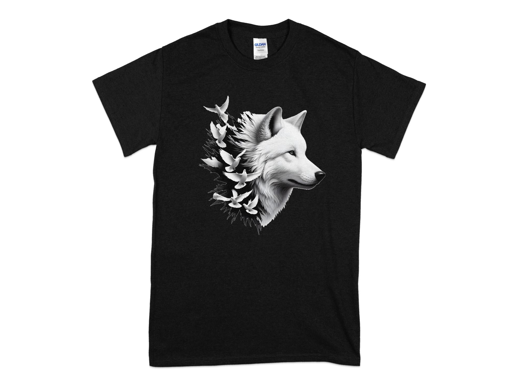 Wolf x Doves - Black White Gildan T-Shirt Realistic Animal Talisman Unisex Tee Graphic Design