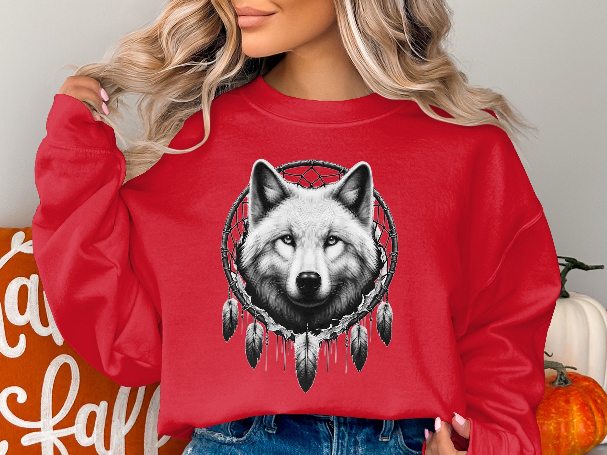 Dreamcatcher Wolf - Coloured Gildan Sweatshirt Realistic Native American Talisman Unisex Mythology Tee Graphic Design