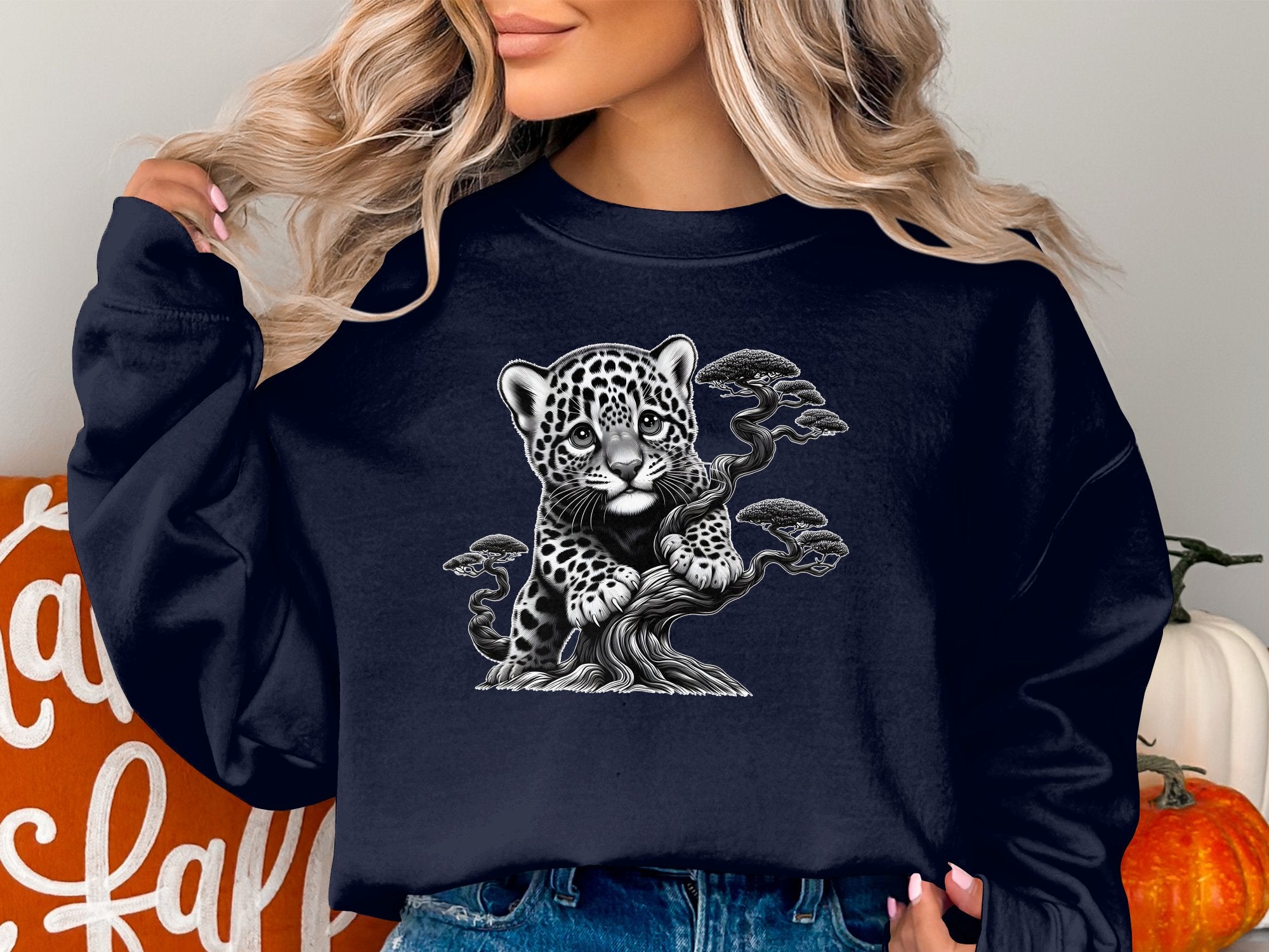 Leopard Bonsai - Coloured Gildan Sweatshirt Realistic Animal Talisman Unisex Cute Tee Graphic Design