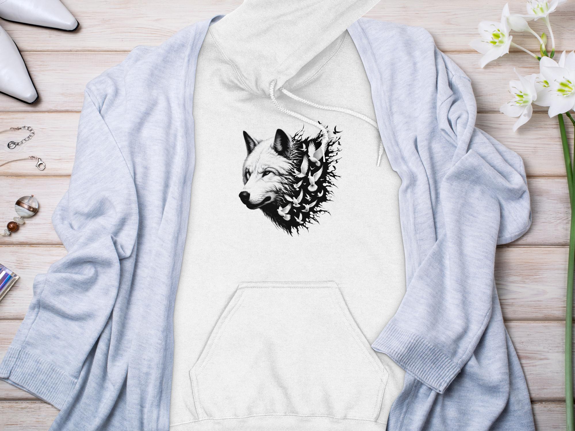 Wolf x Doves - Black White Gildan Hoodie Realistic Animal Talisman Unisex Tee Graphic Design