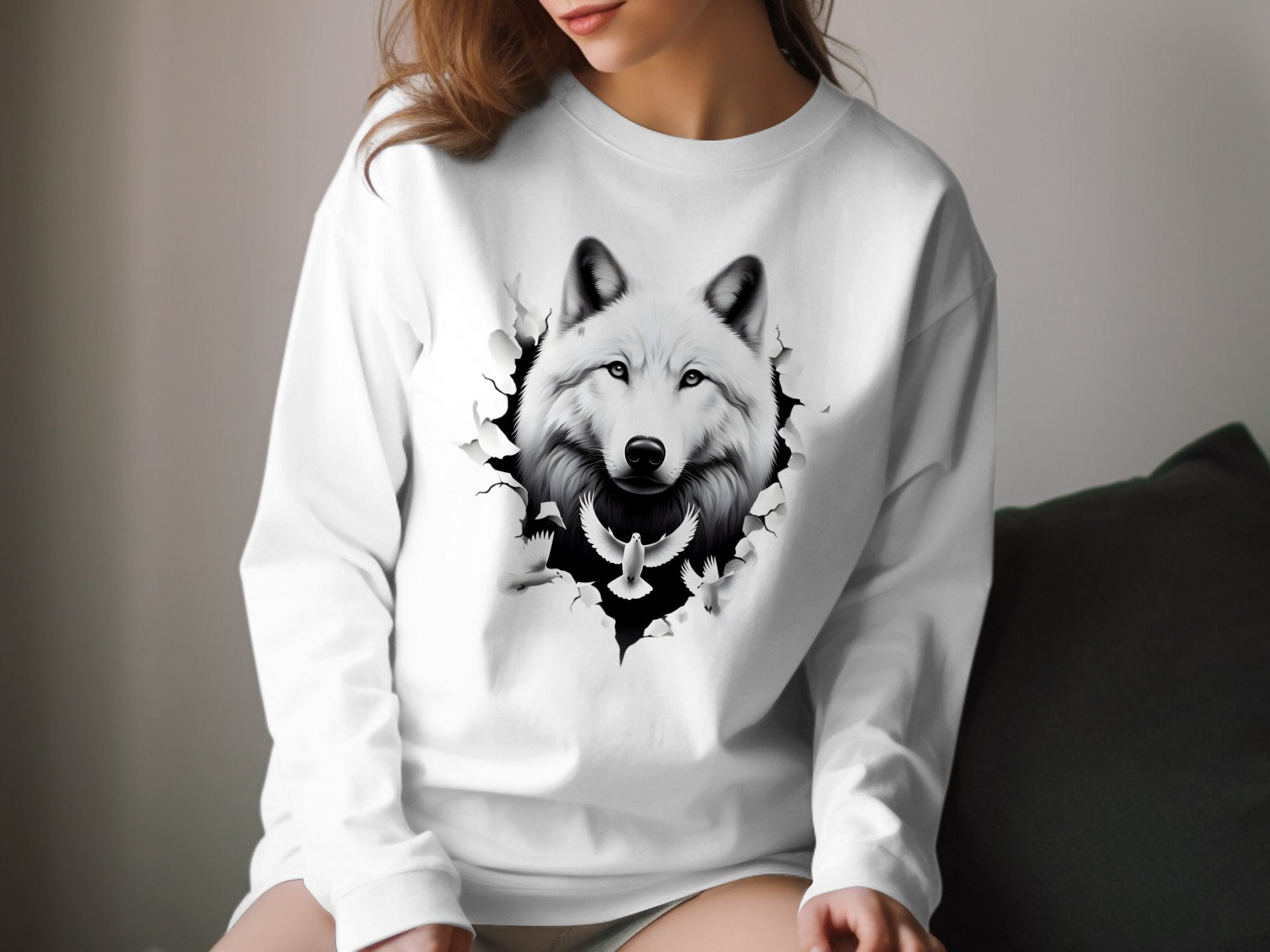 Wolf x Doves - Black White Gildan Long Sleeve Realistic Animal Talisman Unisex Tee Graphic Design