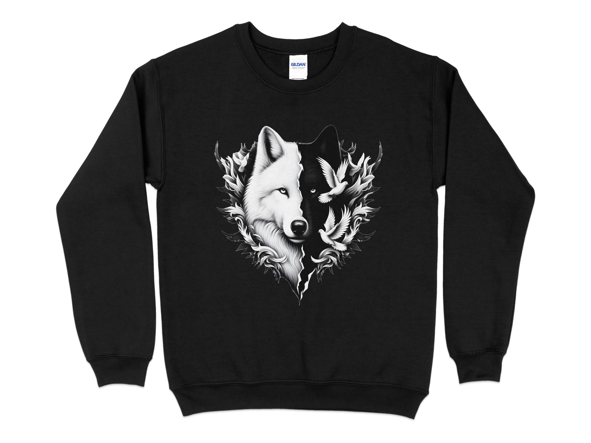 Wolf x Doves - Black White Gildan Sweatshirt Realistic Animal Talisman Unisex Tee Graphic Design