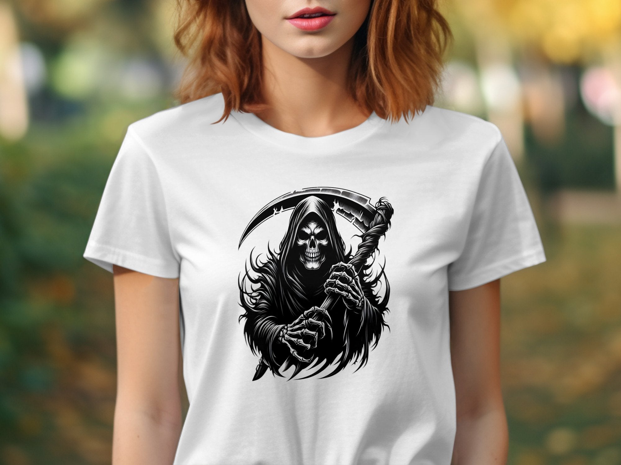 Grim Reaper - Black White Gildan T-Shirt Commemorative Talisman Unisex Tee Graphic Design