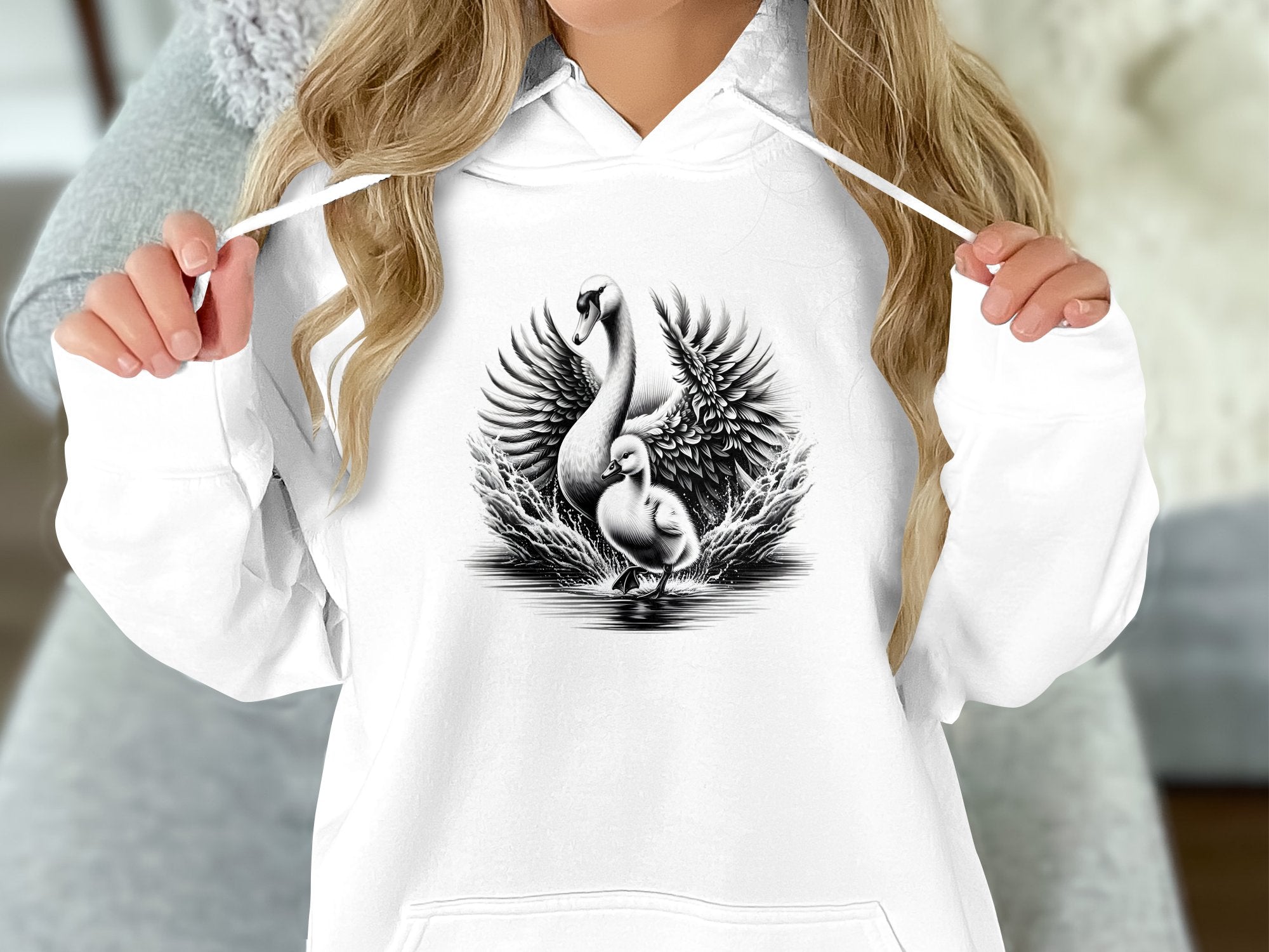 Swan & Cygnet- Black White Gildan Hoodie Realistic Family Talisman Unisex Tee Graphic Design