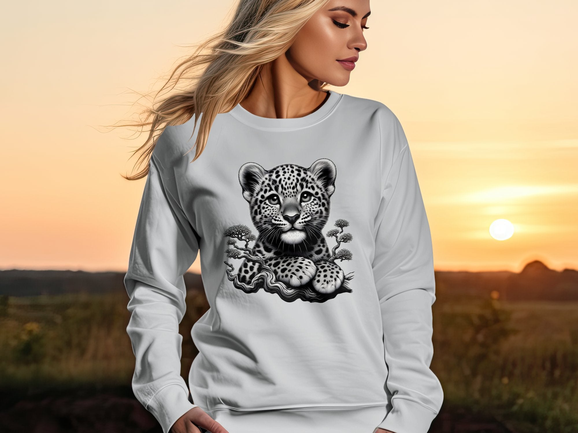 Leopard Bonsai - Coloured Gildan Sweatshirt Realistic Animal Talisman Unisex Cute Tee Graphic Design