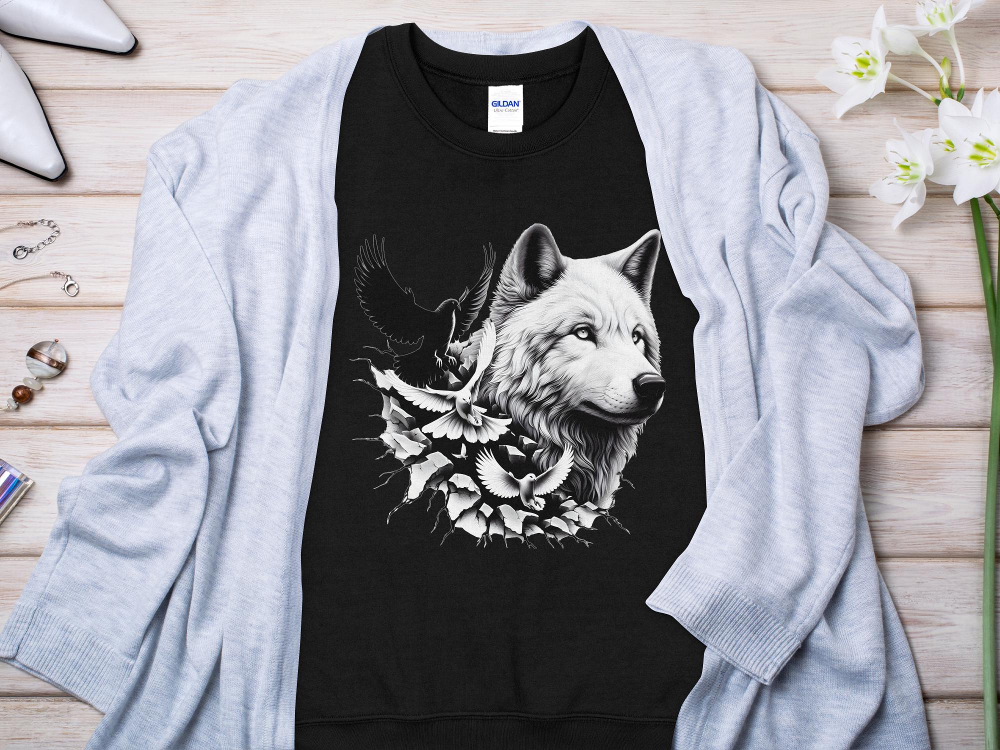 Wolf x Doves - Black White Gildan Sweatshirt Realistic Animal Talisman Unisex Tee Graphic Design