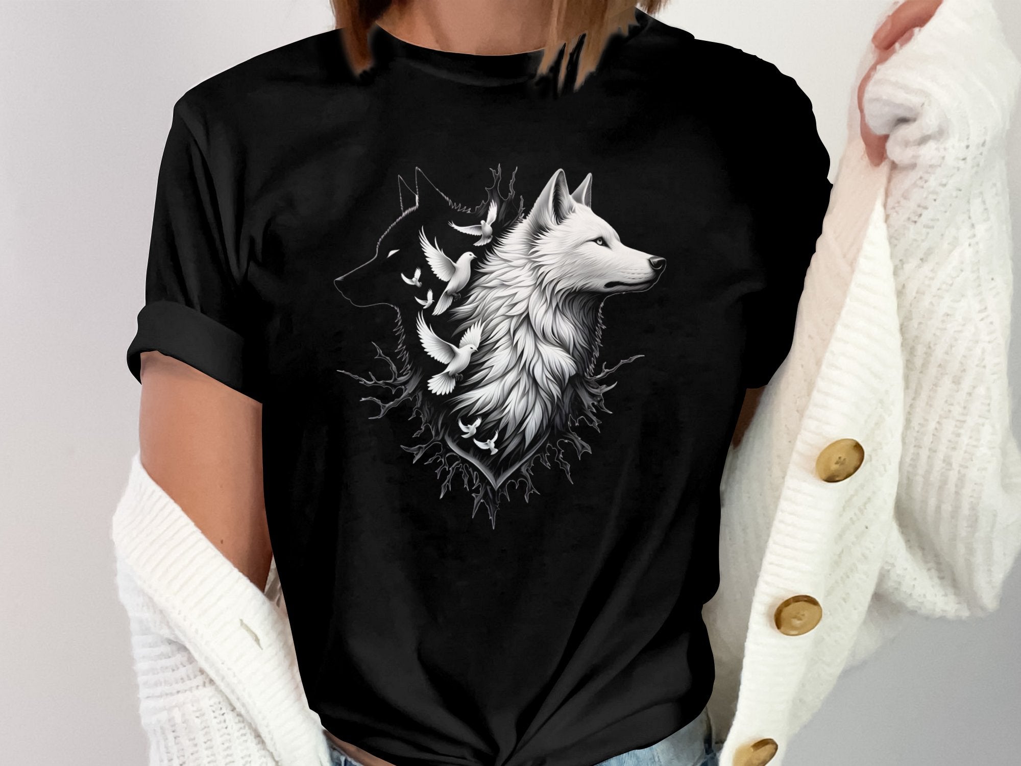 Wolf x Doves - Black White Gildan T-Shirt Realistic Animal Talisman Unisex Tee Graphic Design